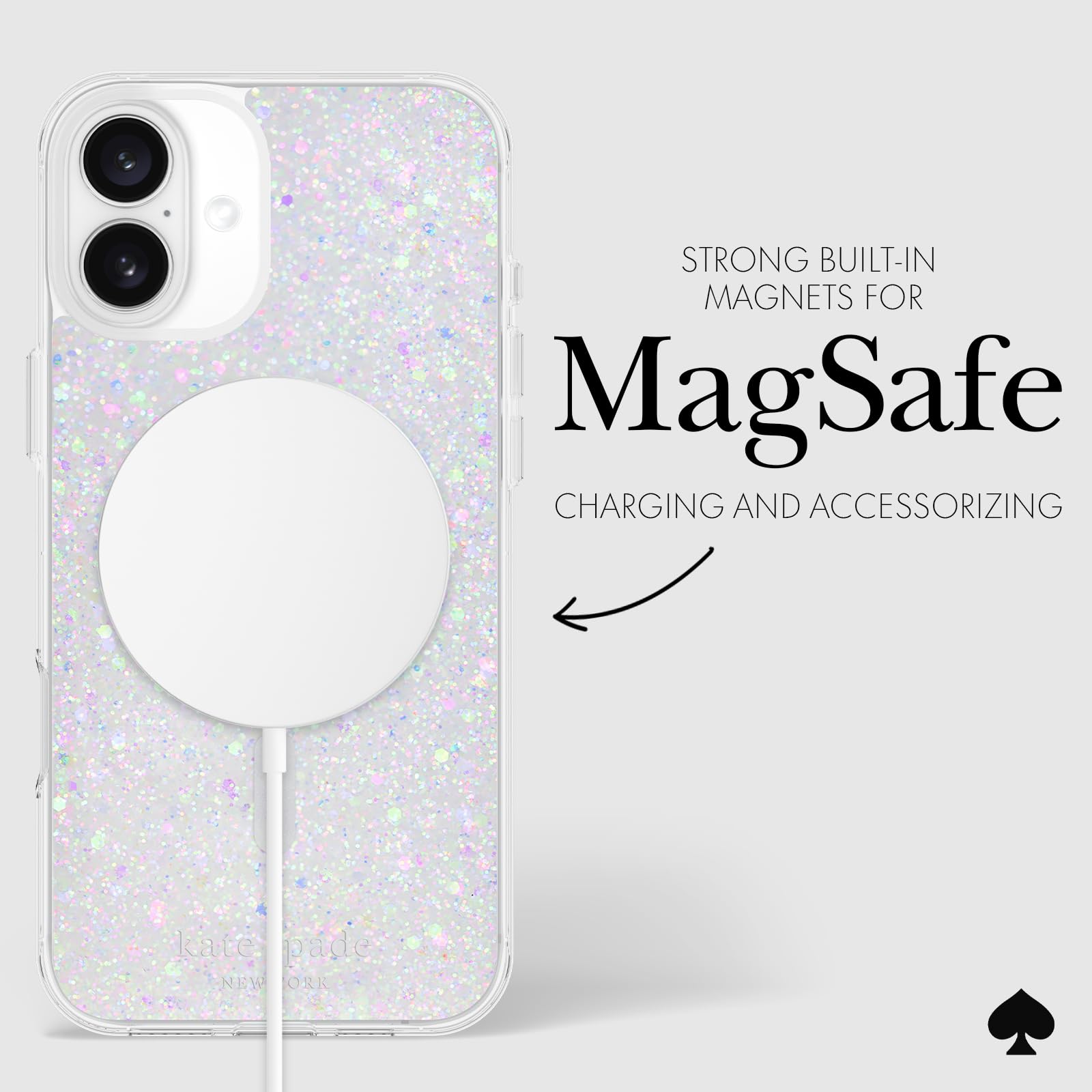 Kate Spade New York Funda para iPhone 16 Plus, Compatible con MagSafe, Funda de teléfono de diseño, Purpurina Gruesa Iridiscente