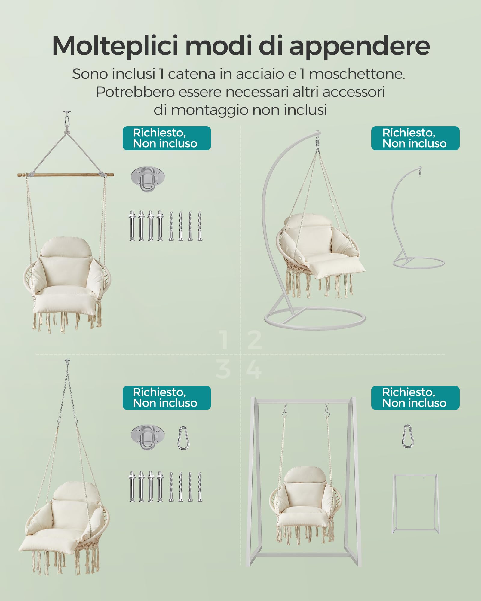 SONGMICS Sedia Altalena, Sedia Amaca, Cuscino Ben Imbottito, Sedia Sospesa Boho, Camera da Letto Balcone Giardino Soggiorno, Regge 120 kg, Accessori Inclusi, Bianco Crema GDC042M01