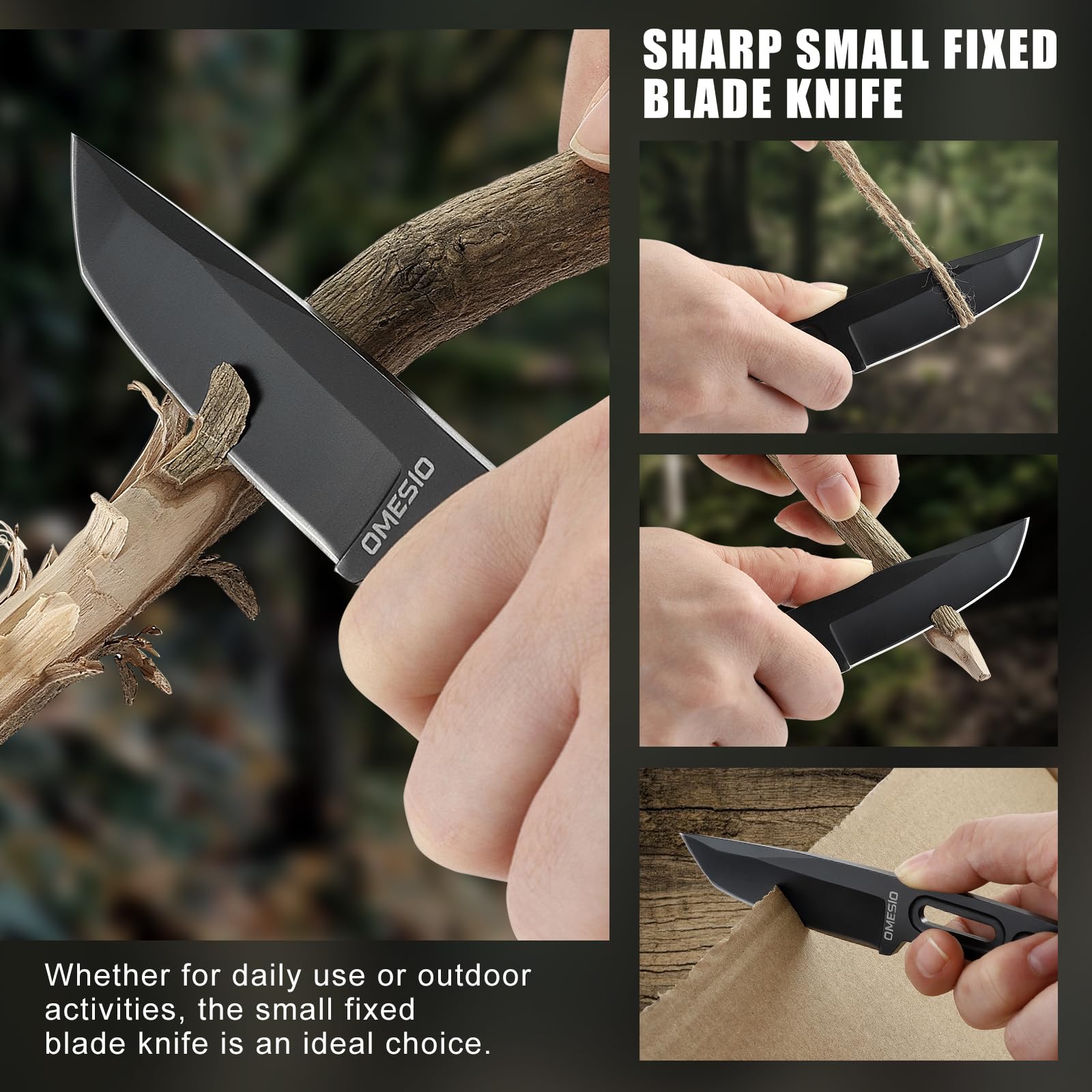 Omesio Cuchillo de cinturón pequeño EDC, hoja 8 cm 5Cr13MoV, full tang con funda y cordón. Ligero, resistente y apto para porte horizontal. Ideal para camping y senderismo.