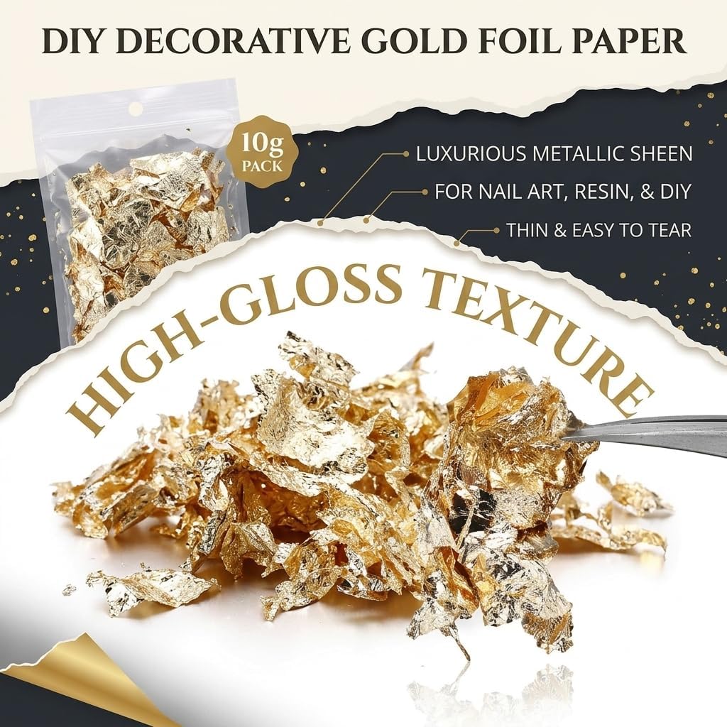 Gold Leaf Sheets, 10g Nail Foil Flakes for Nail Art Resin Craft Supplies