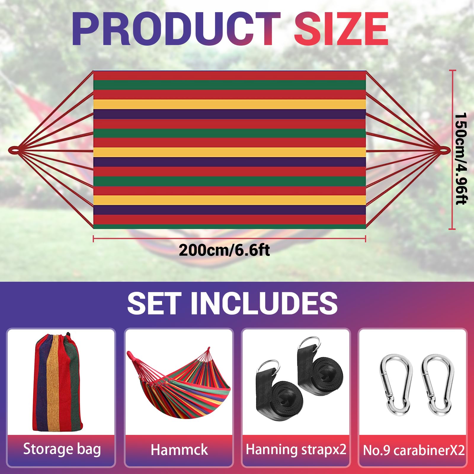 Hamac de Camping Extérieur, Hamac Double 200x150cm, Capacité de Charge 250kg, avec Sac de Transport, Sangles en Nylon et Mousquetons, pour Camping, Jardin, Plage, Intérieur, Balcon, Voyage