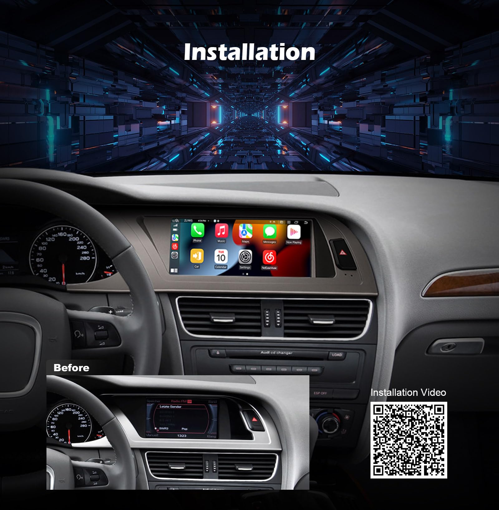Erisin 8.8 pollici 8-Core 4GB+64GB Android 14 Autoradio Bluetooth Navigatore GPS per Audi A4 S4 RS4 2009-2012 Supporto CarPlay Android Auto OEM MMI WiFi 4G DAB+ IPS Schermo USB DVR DSP Canbus SWC