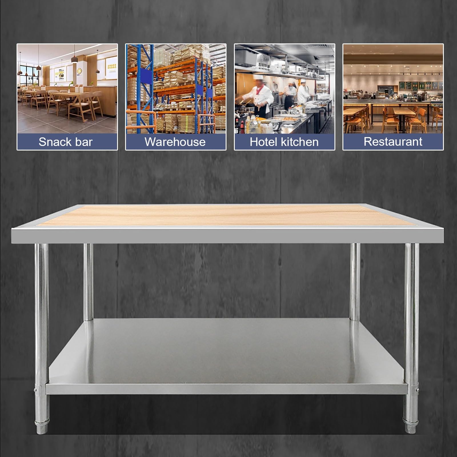 Mesa de preparación de Acero Inoxidable con Tablero de Madera, Altura Ajustable, Capacidad de 1500 LB, Isla de Cocina para Restaurante, hogar y Hotel (tamaño: 120 * 60 * 80 cm/47,2 * 23,6 * 31,5 pul