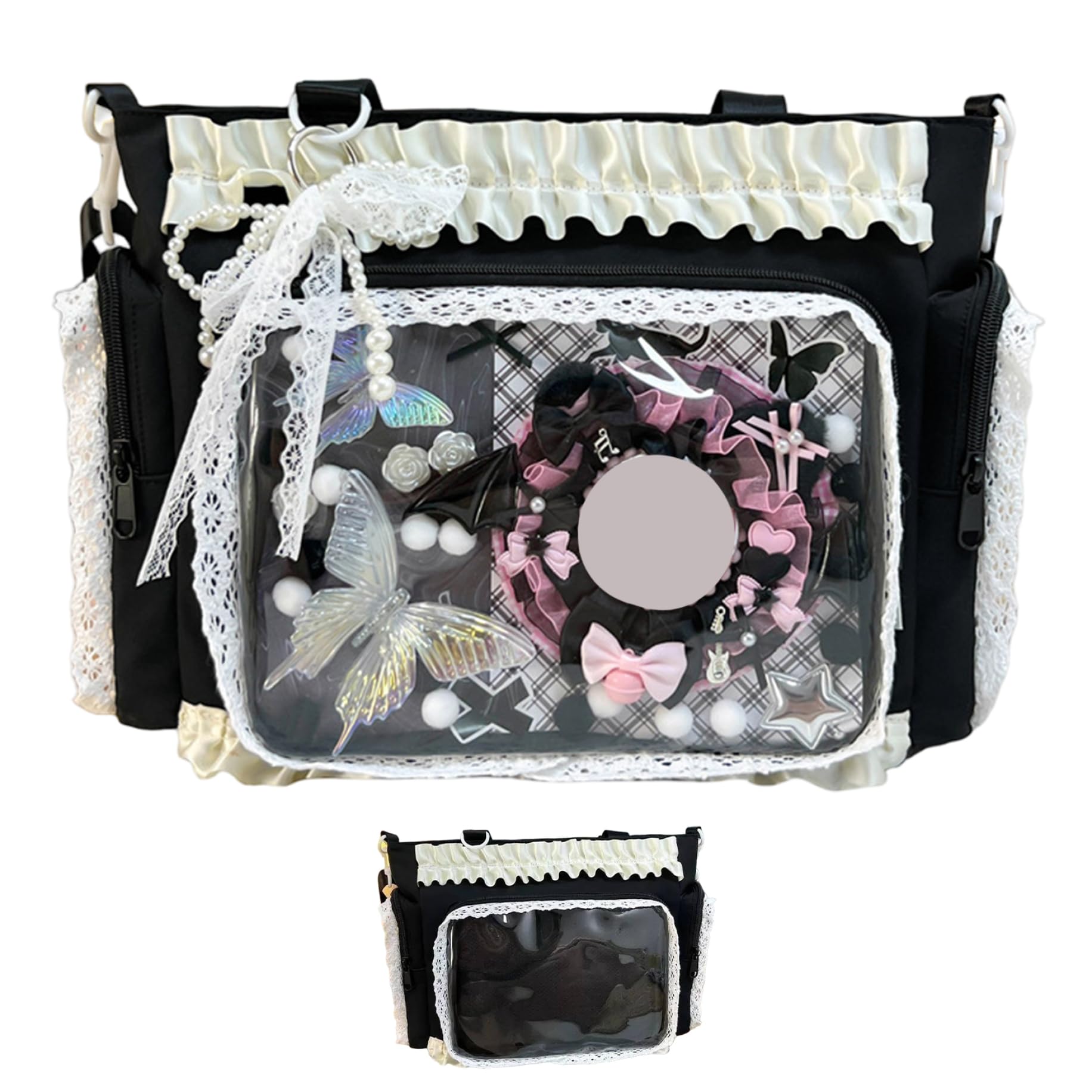 Ameble Ita Bag, Kawaii Lace Ruffle Nylon Japanese Pin Bag with Side & Front Clear Display Adjustable Straps Y2k Cute Messenger Handbag for Girls, Black Ita, Crossbody, Pin, Japanese SCH