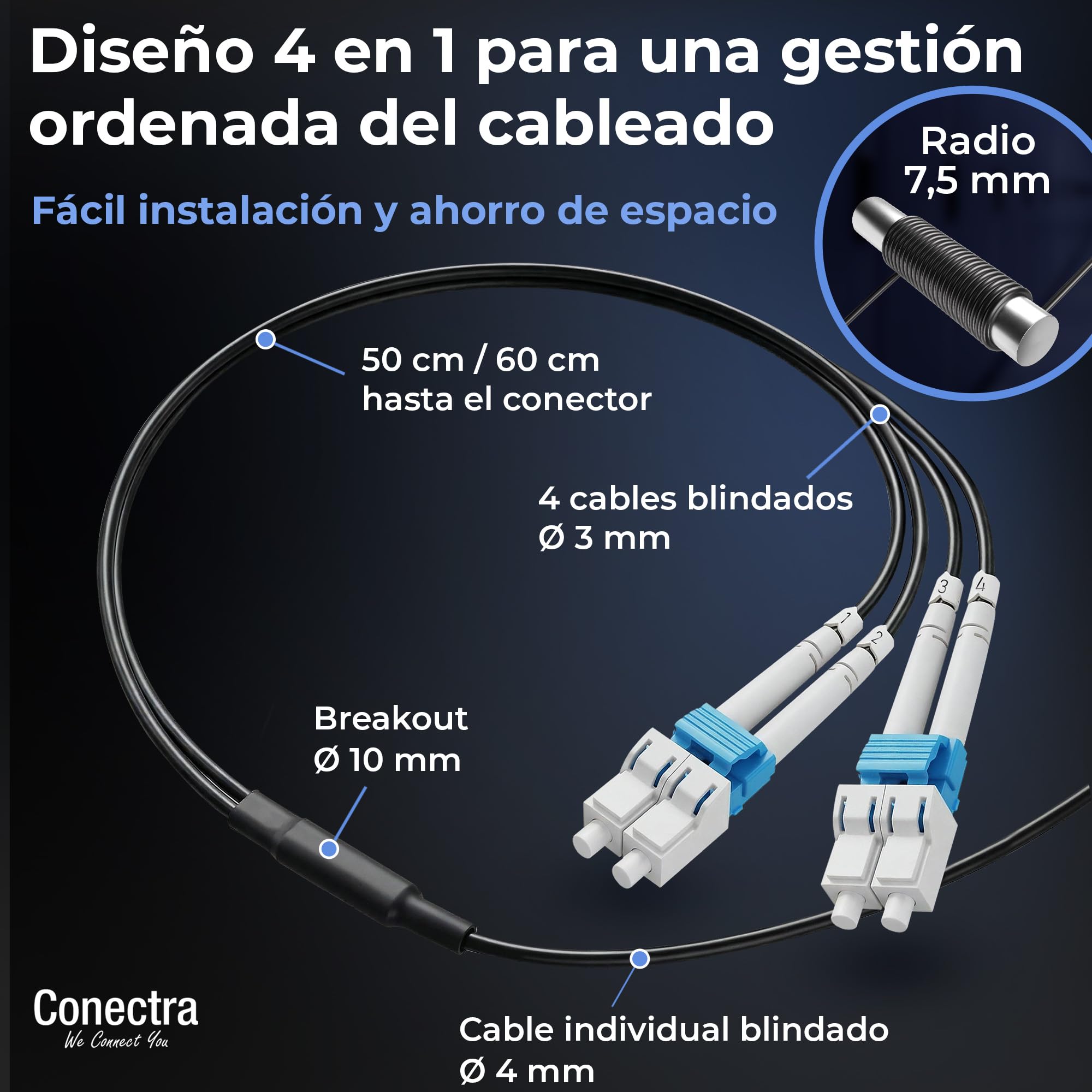 40m Cable de Fibra Óptica Blindado 4 Fibras OS2 LC/UPC ⌀4mm | Monomodo 9/125µm G.657.A2, Latiguillo Prolongador Patch, Breakout sin Empalmes, Interior/Exterior, Negro, LSZH
