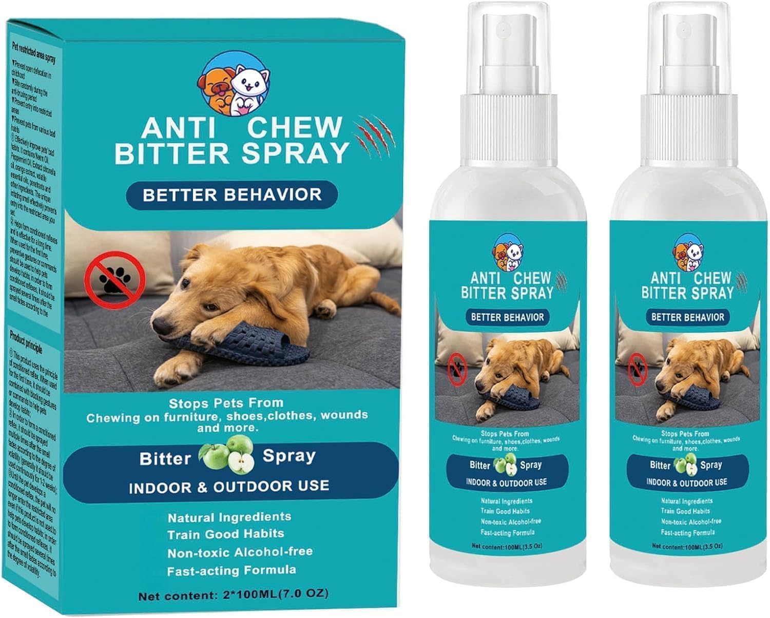 No Chew Spray for Dogs, Bitter Spray for Dogs, Dog Deterrent Spray, Stops Chewing and Licking, Protects Furniture, Prevents Wound Licking, Non-Toxic, Alcohol-Free - 7.0 Fl Oz