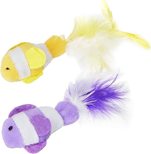 Multipet Pez payaso de hierba gatera de 4.5 pulgadas con colas de plumas, los colores varían (dos peces)