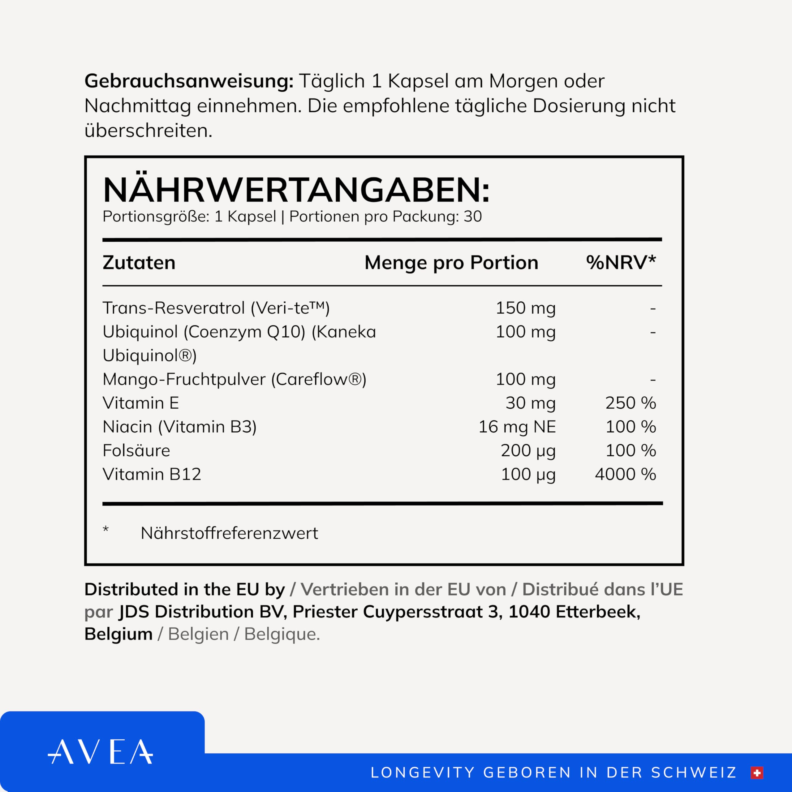 AVEA NAD+ Booster Softgel-Kapseln - Entwickelt in der Schweiz - Natürliches Immunitäts - Supplement mit Trans-Resveratrol, CoEnzym Q10 & Pterostilben - Schützt vor oxidativem Stress