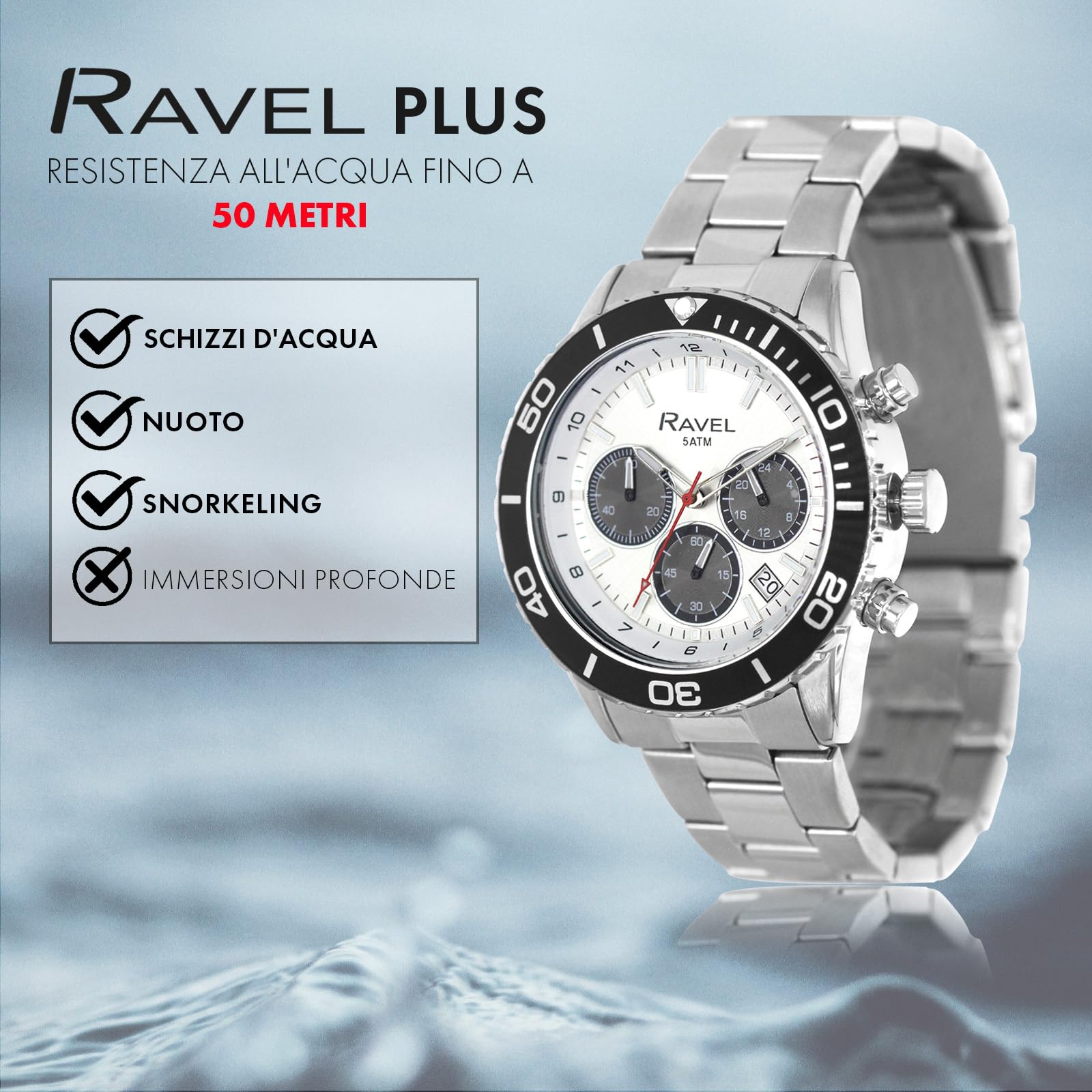 Ravel Plus - Orologio Sportivo da Uomo Cronografo Argento 42 mm con Lunetta Girevole Unidirezionale - 5ATM - Analogico Quarzo - RP.CHR-05-09