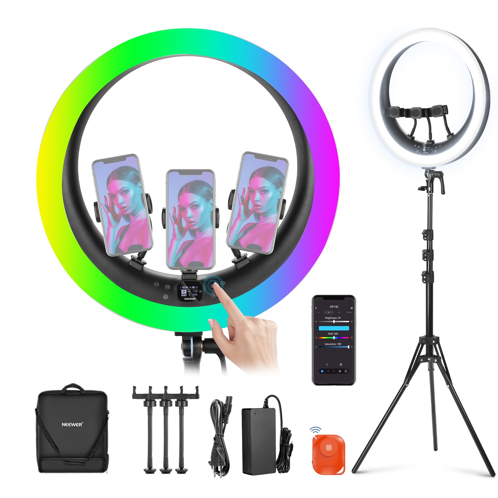 NEEWER 19" Anillo de Luz LED RGB con Soporte, 3 Soportes para Teléfono, Panel Táctil, 2.4G/App Control, 42W CRI97+ 2800lux/0.5m 360° Hue Regulable Iluminación para Transmisión en Vivo Zoom, RP19C