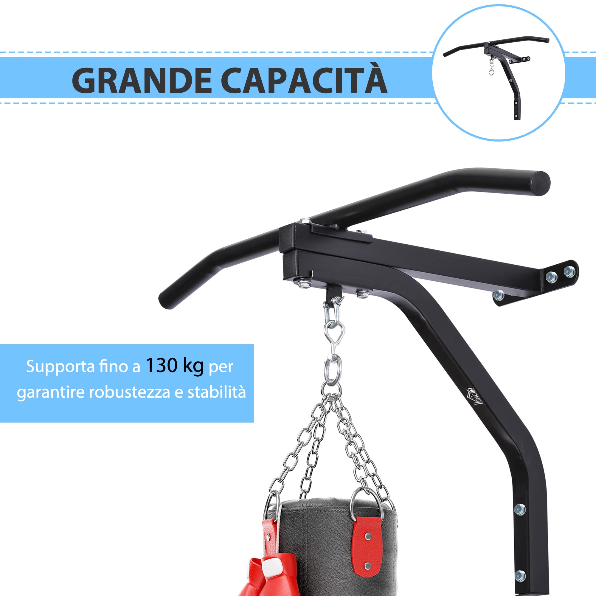 HOMCOM Staffa Supporto per Sacco da Boxe con Barra per Trazioni, Attrezzo da Palestra per Allenamento a Casa Portata 130kg, 93x47x51cm, Nero