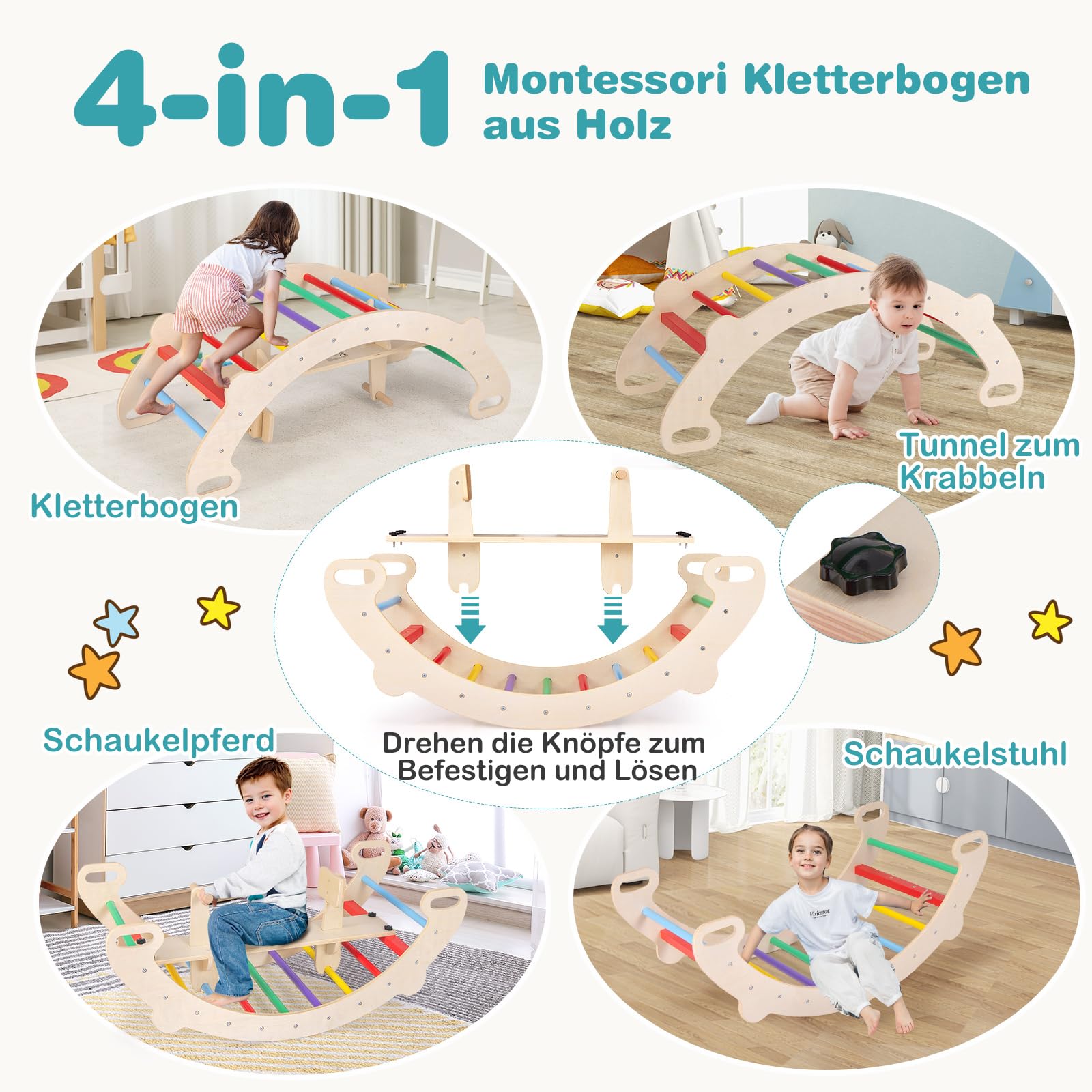 COSTWAY Kletterbogen, mit abnehmbarem Sitz, 4 in 1 Klettergerüst Indoor zum Wippen, Schaukeln, Klettern und Krabbeln, Kletterdreieck Holz, Bogenwippe für Kinder ab 1 Jahre, Sitzhöhe 23,5cm (Bunt)