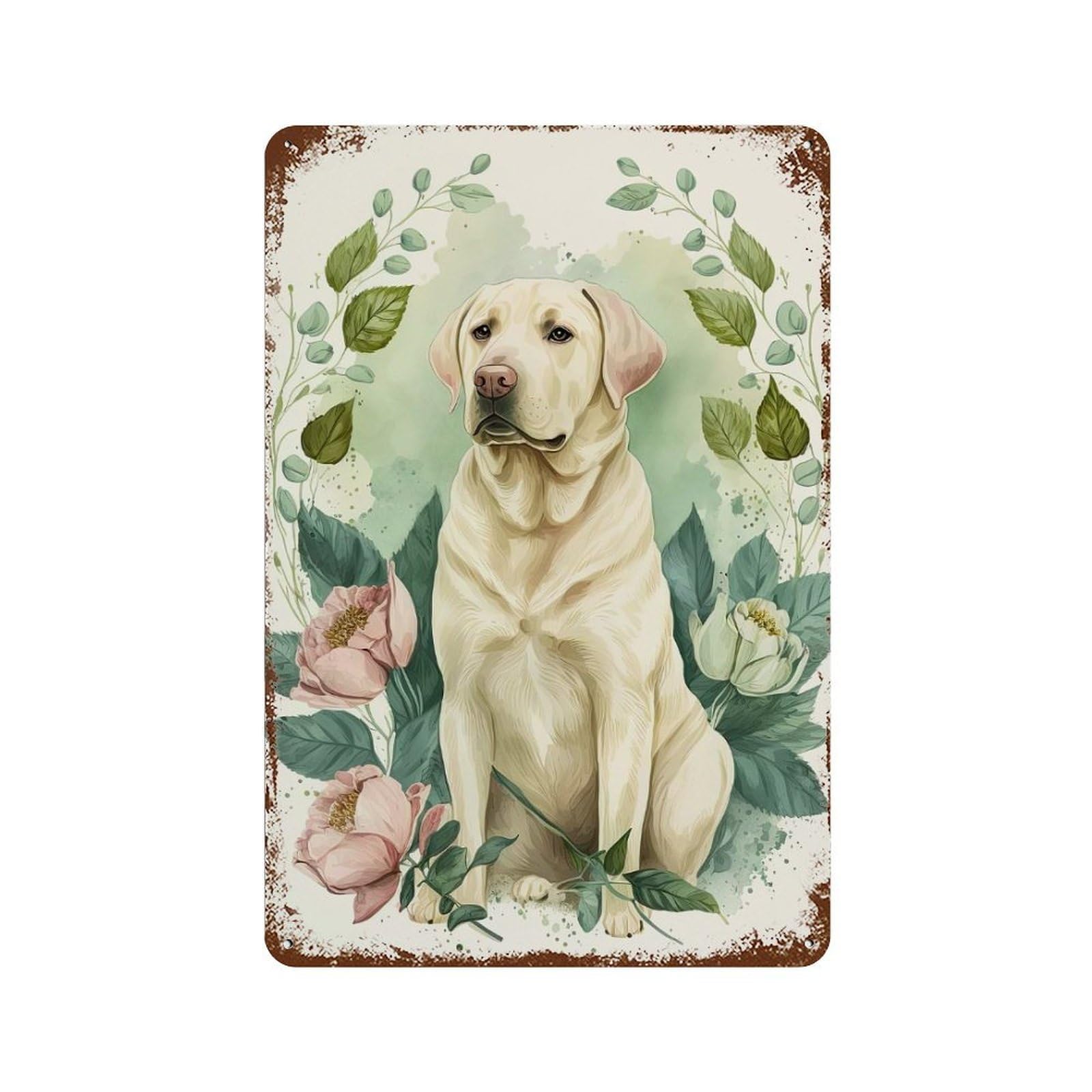 Aged Metal Wall Plaque with Labrador Floral Portrait Design 11.8"x7.9", for Pub, Kitchen And Man Cave Decor, Shabby Chic Decor