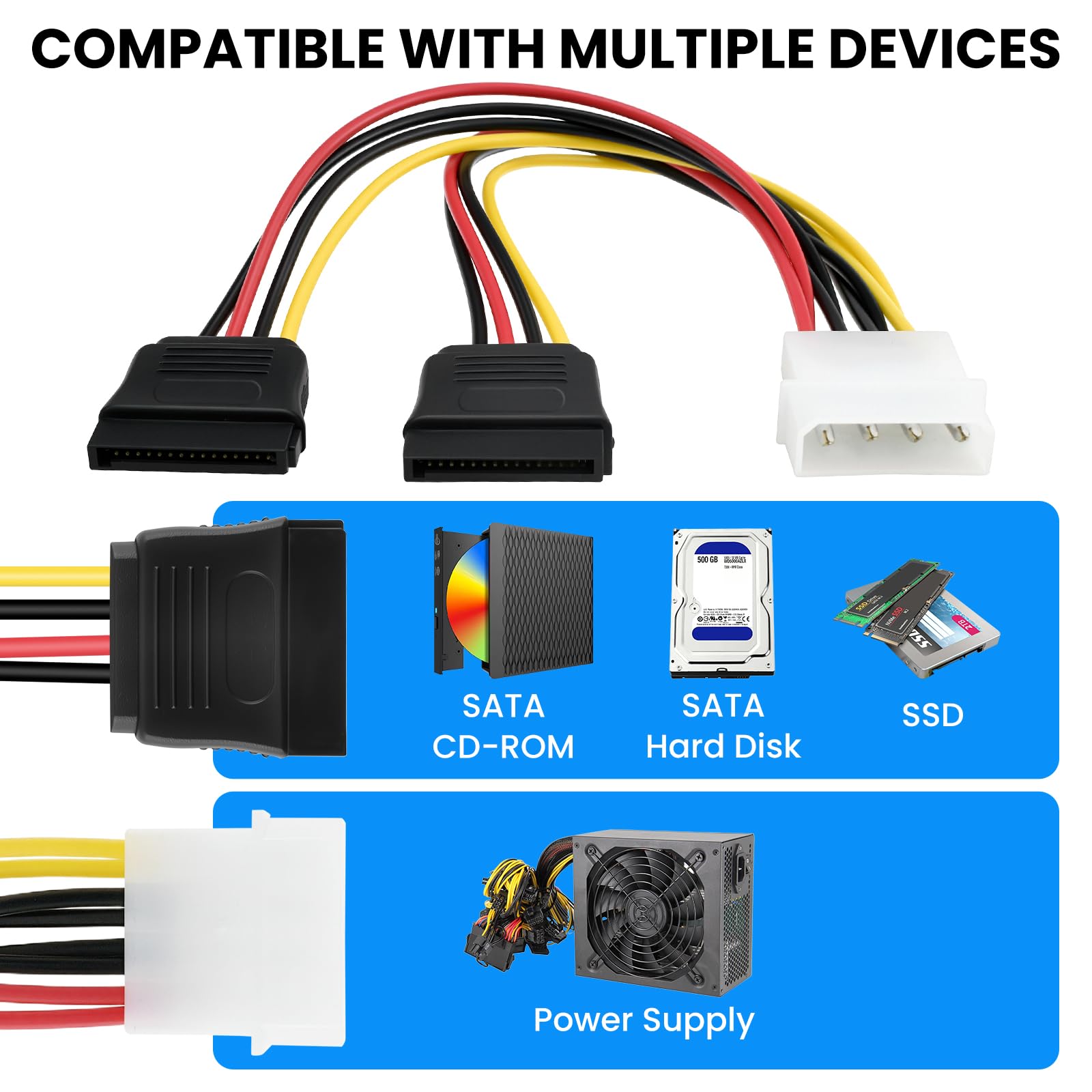 SDTC Tech, cavo adattatore splitter a 4 pin maschio IDE Molex a 15 pin femmina Dual SATA, 18 AWG, in rame, cavo di prolunga per hard disk Serial ATA (20 cm), confezione da 2