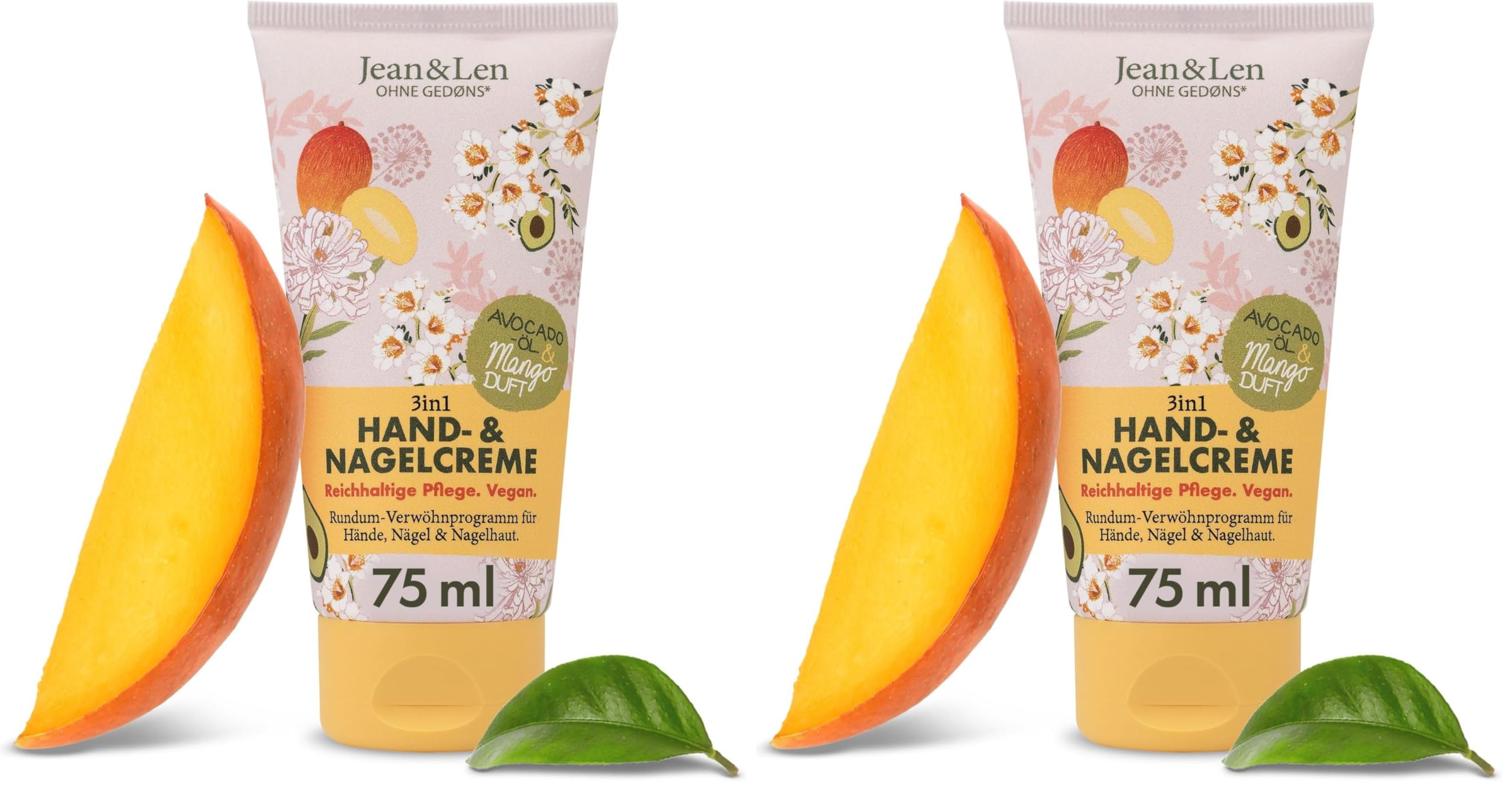 Jean & Len Hand- & Nagelcreme Mango & Avocado, vegane Pflegeformel mit Shea- und Kakaobutter, reichhaltige Pflege, fruchtiger Mango-Duft, vegane Handpflege, ohne Parabene & Silikone, 75 ml