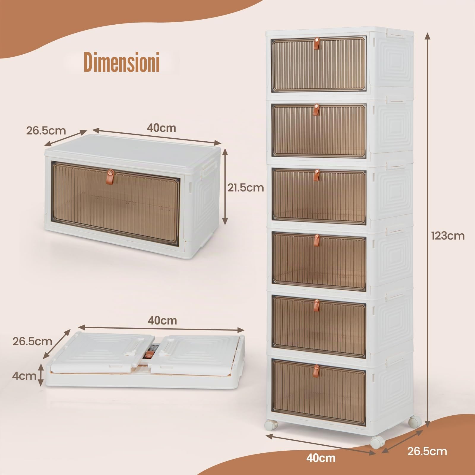KOMFOTTEU Scatola portaoggetti a 6 livelli, contenitore impilabile con coperchi e ruote, scatola organizer trasparente, scatola pieghevole per camera da letto, soggiorno, 40 x 27,5 x 123 cm (6