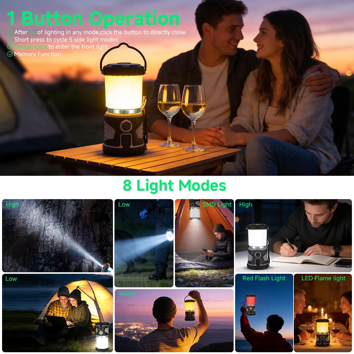 LED Campinglaterne Wiederaufladbar, 8 Lichtmodi, 6000mAh Akku