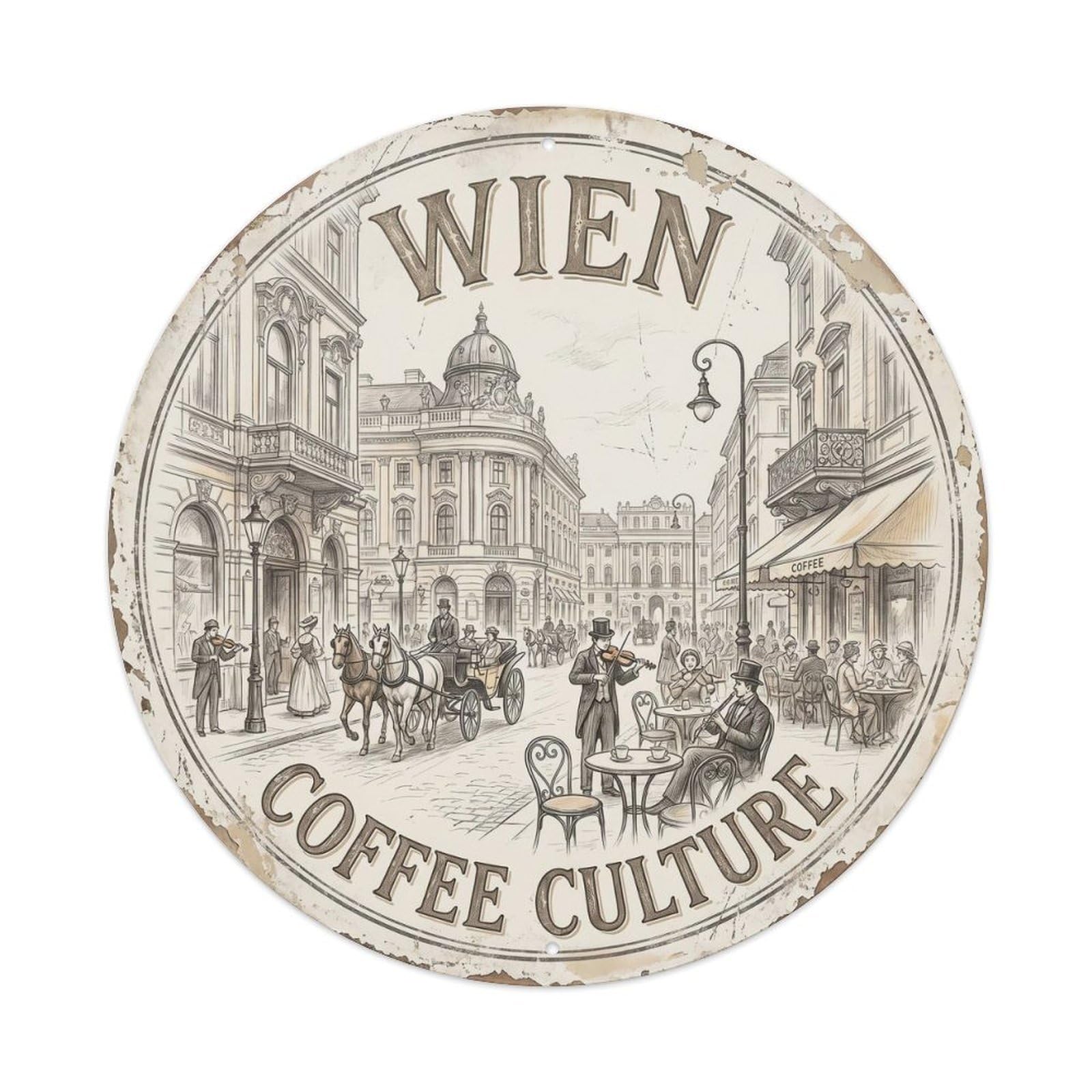 Vintage Travel Vienna Cafe Austria Metal Tin Sign Plaque Wall Decor for Cafe, Club, Garden Round Metal Poster 8x8Inch