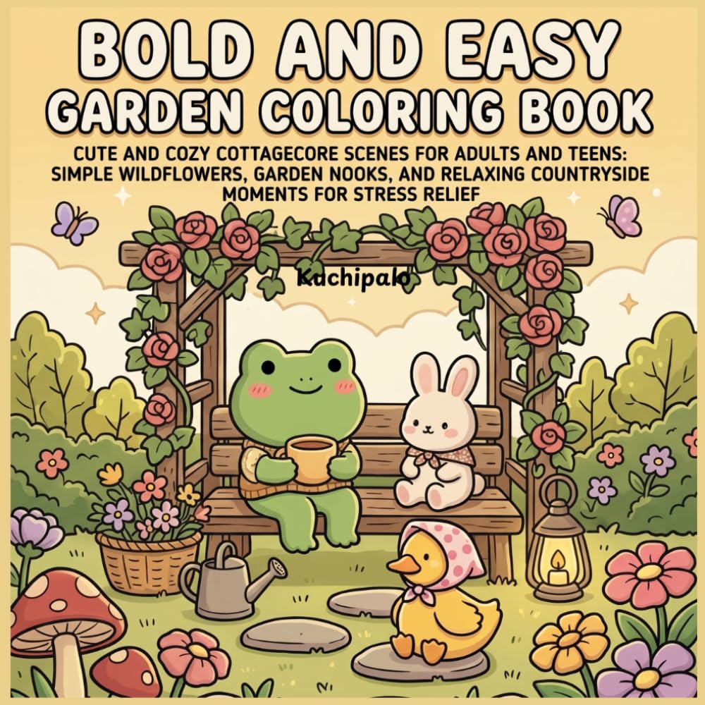 BOLD AND EASY GARDEN COLORING BOOK: CUTE AND COZY COTTAGECORE SCENES FOR ADULTS AND TEENS: SIMPLE WILDFLOWERS, GARDEN NOOKS, AND RELAXING COUNTRYSIDE MOMENTS FOR STRESS RELIEF