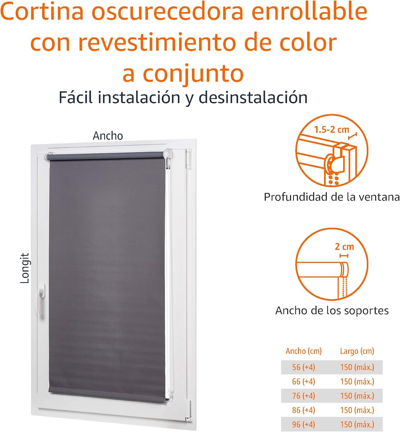 Diagram illustrating window depth and bracket width for installation, with a roller blind installed on a window.