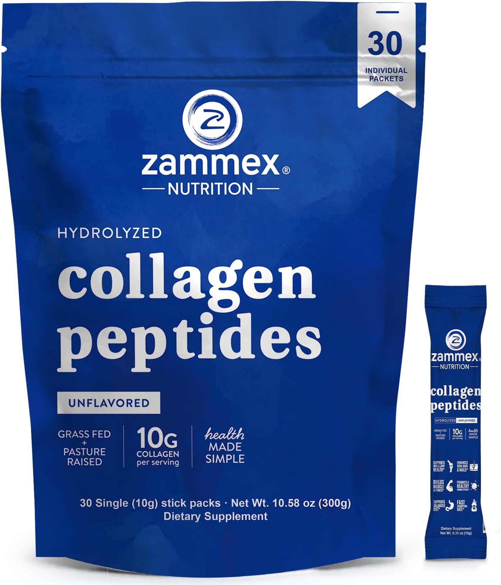 Premium Collagen Peptides Powder, 30 Sticks Travel Packets(Type I, III), Unflavored Collagen Protein Powder to Go, Hydrolyzed Collagen Peptides for Skin Hair Nail Joint, 10g per Serving, Paleo & Keto
