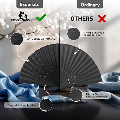 Miniatura 6 de FANSOF.FANS Abanico de mano plegable de tela de seda negra con una bolsa, costillas de bambú, chino, vintage, de mano, para niñas y mujeres, regalo