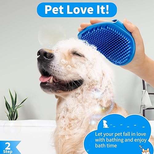 Miniatura 3 de Comotech Cepillo de aseo para perros 3 en 1 Cepillo de champú y estropajo con mango ajustable para perros y gatos de pelo corto y largo (azul, azul