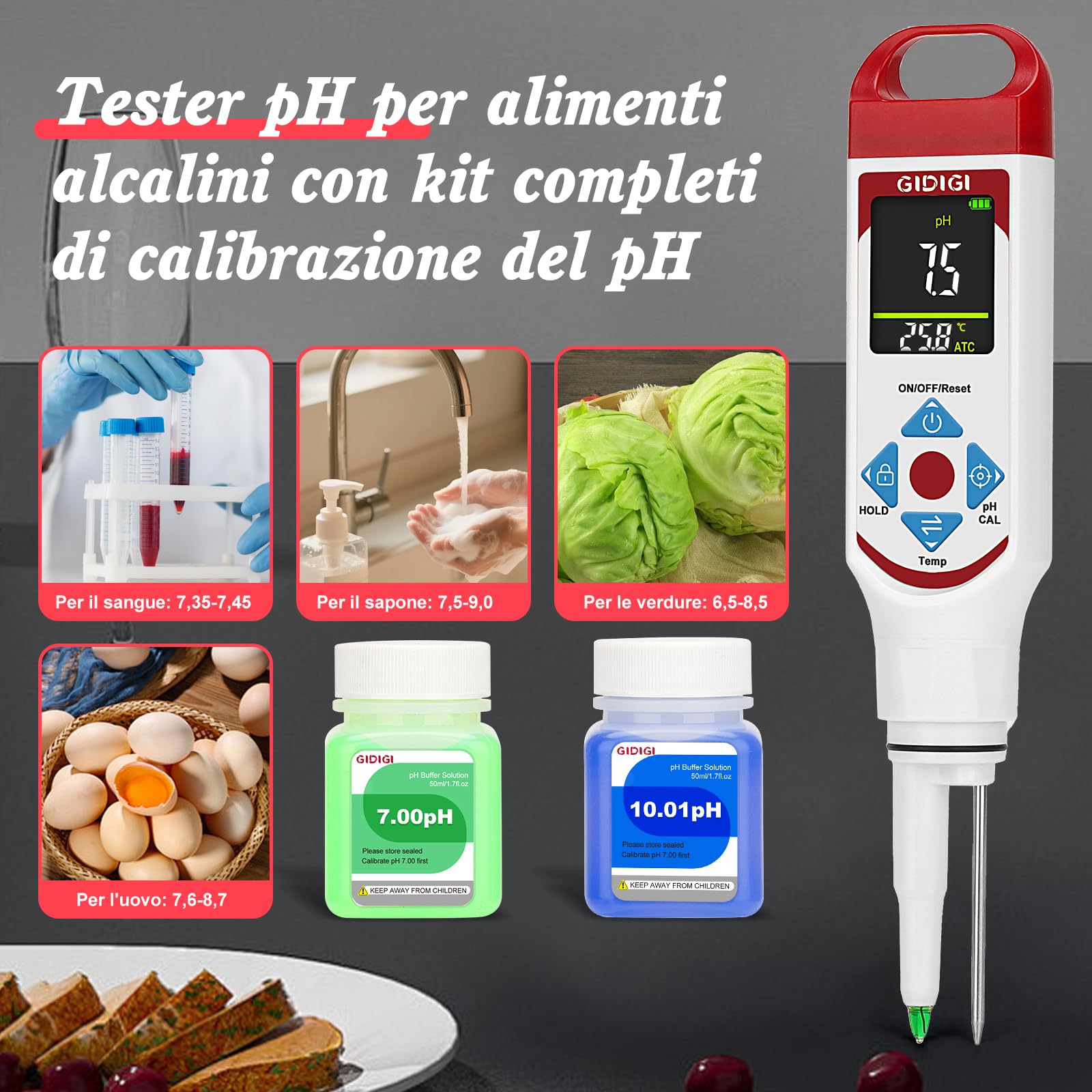 Misuratore di pH per la fermentazione alimentare, display a colori punta a lancia tester di pH per alimenti con ATC per cosmetici, lievito madre, Carne, formaggio, prodotti in scatola，Sottaceto