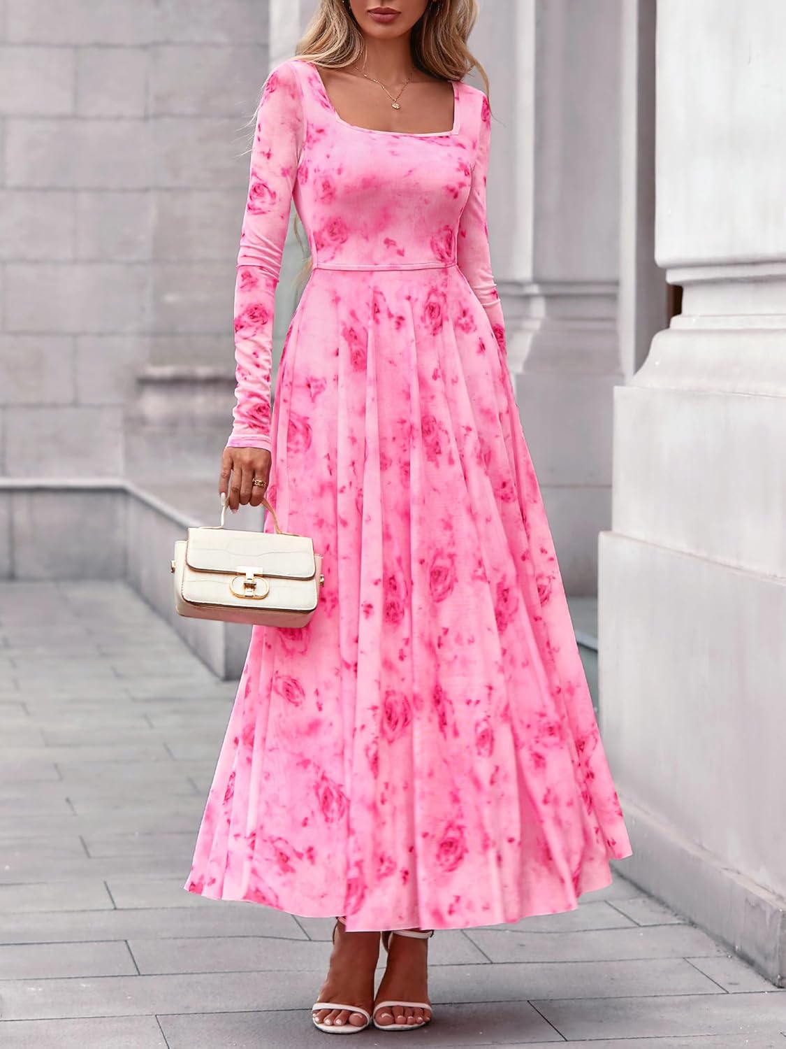 BTFBM Women Maxi Dress Spring 2026 Fashion Elegant Long Sleeve Square Neck Floral Print Party Club Wedding Guest Dresses - Image 4