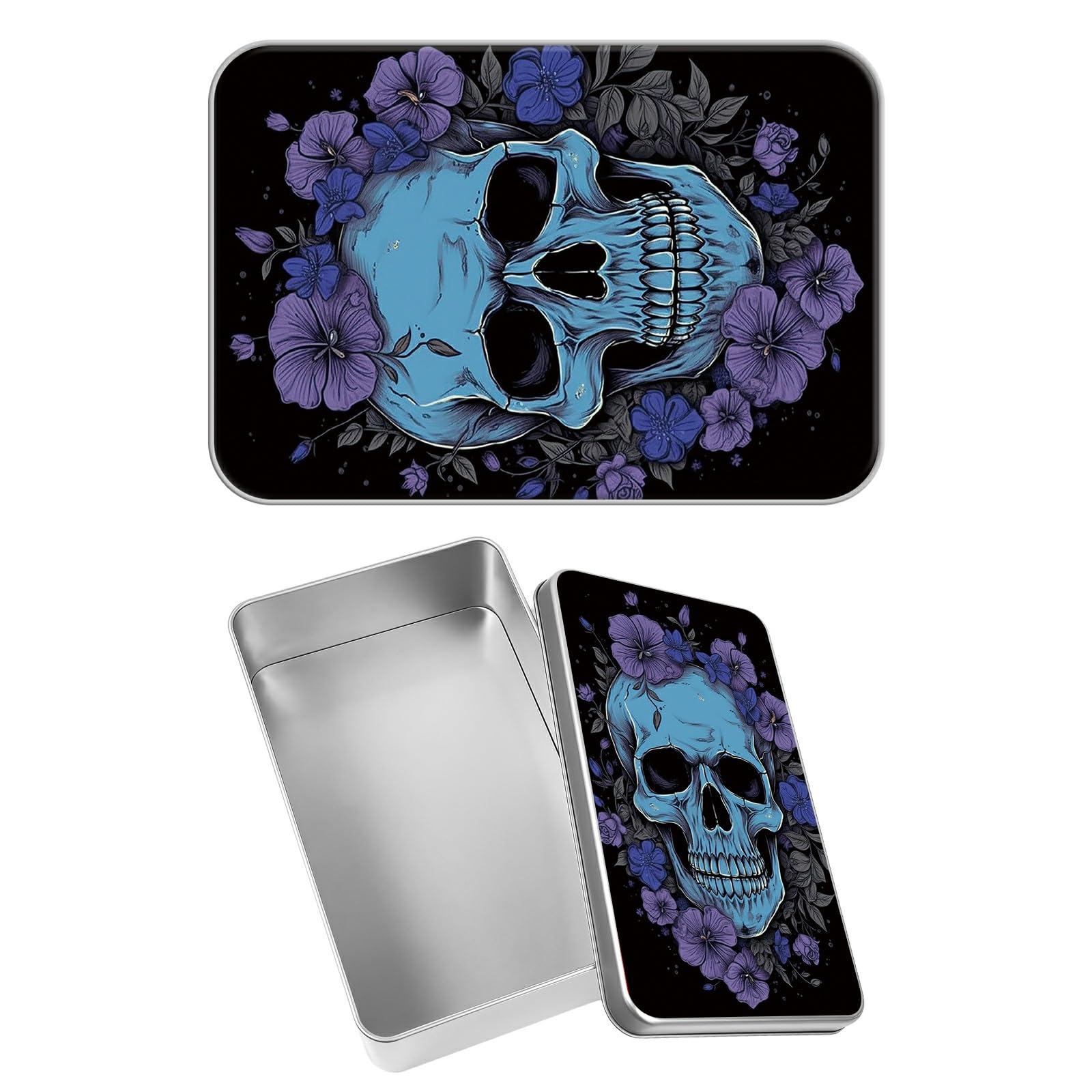 Rectangular Metal Tin Box with Removable Lid, Purple Skull Decorative Printed Metal Storage Container for Jewelry Pen Eraser Pill Candy Craft 4.9 x 3.54 x 1.57 inch– Single Pack