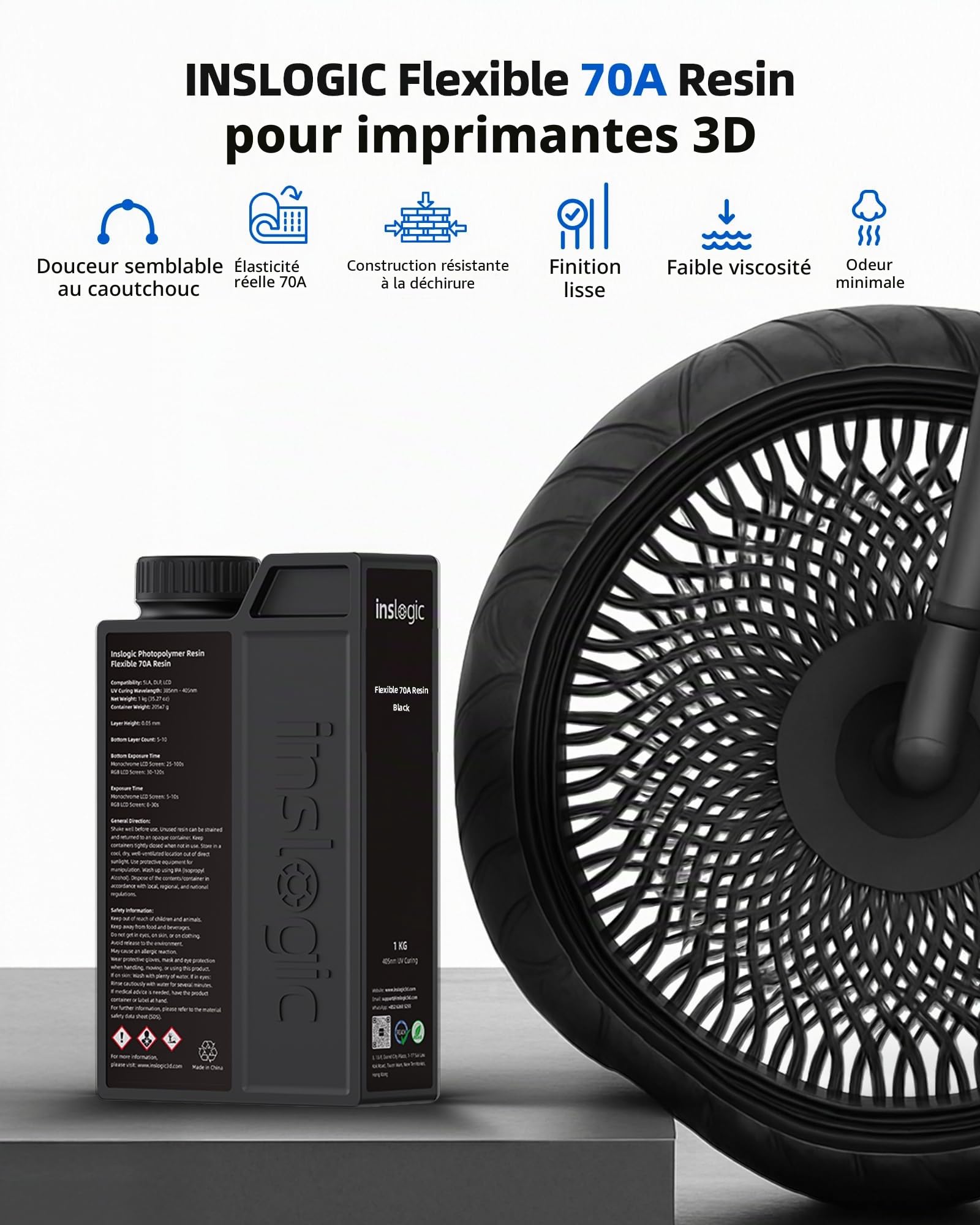 Inslogic Résine 3D flexible 70A Résine souple & non cassante pour objets flexibles, durcissement UV rapide 405 nm, 1kg Noir