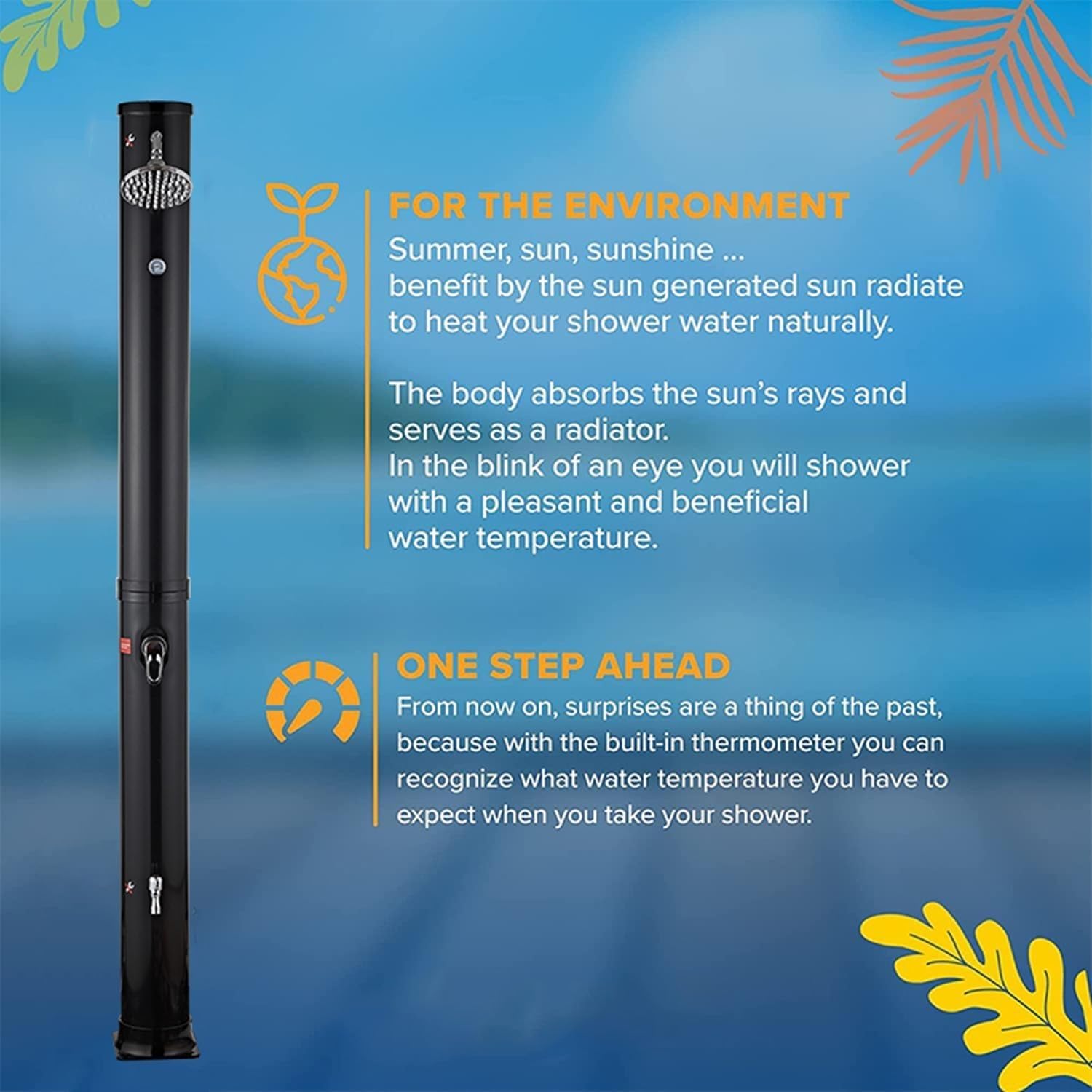 Outdoor Shower kit Portable Solar Outdoor Shower, W/Shower Head and Foot Washer Tap, Solar Powered Outdoor Heater Showers for Poolside Pool Spa Backyard Beach, Black