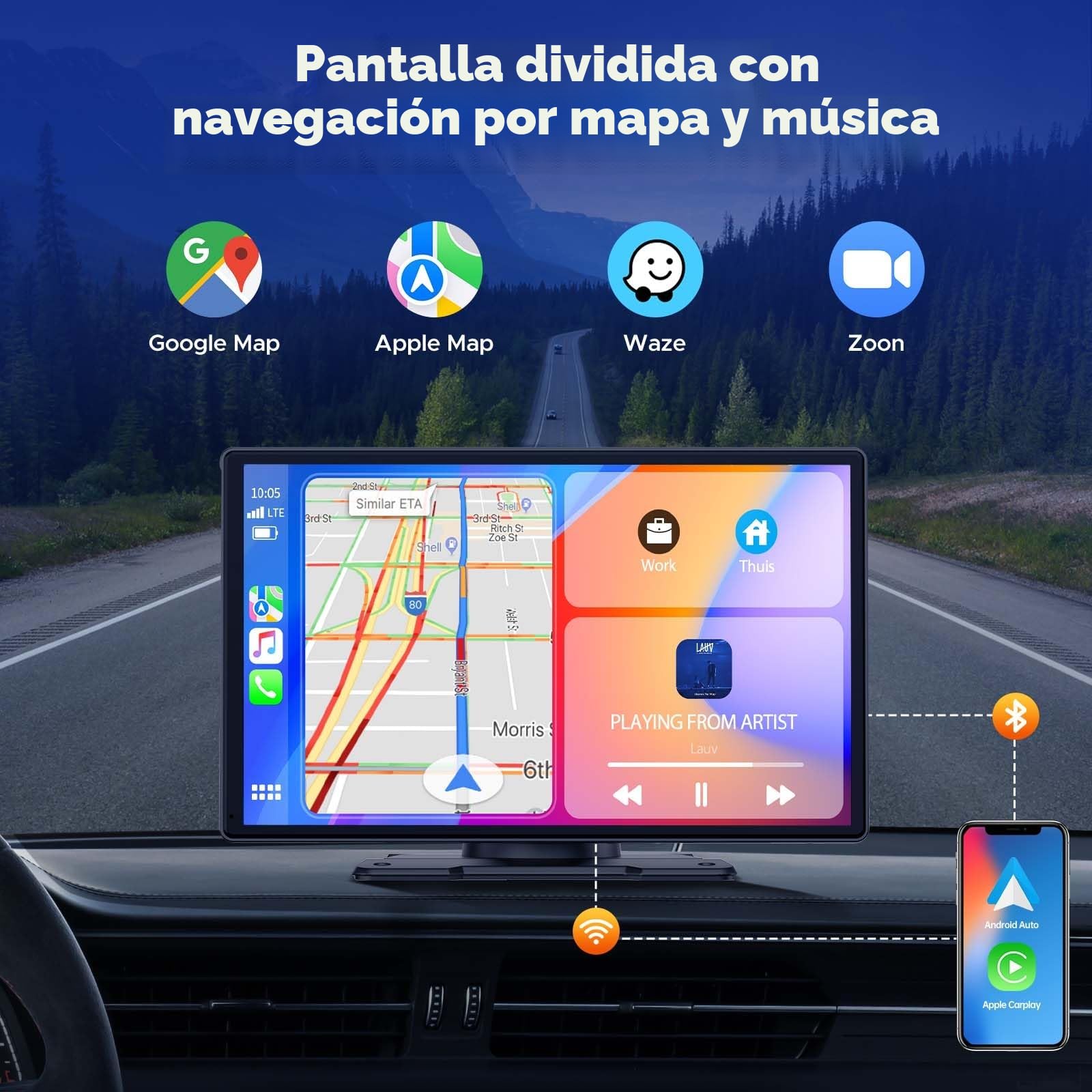 Volam Portátil Radio Coche con Inalámbrico A-pple Carplay & Android Auto,9 Pulgadas Autoradio Estéreo IPS Pantalla Táctil con Bluetooth 5.0, Pantalla de Coche con Asistencia de Voz/Mirror Link/FM/AUX