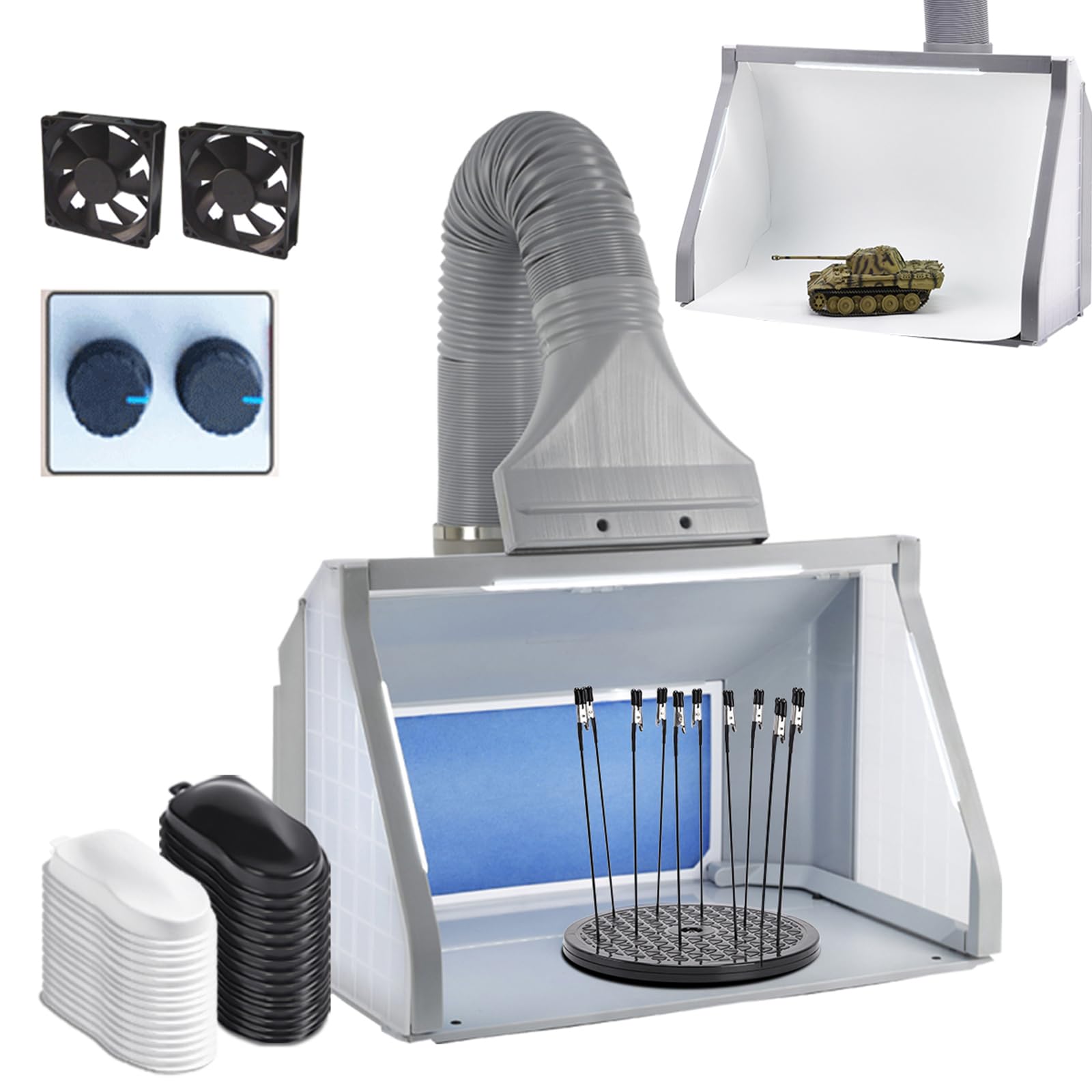 OPHIR Airbrush Spray Booth, Double Fans Paint Spray Booth with 3 Led Lights, Mini Photo Booth with White Photography Paper, 10xColoring Clips, 30xSpeed Shape Vinyl Car for Hobby, Model, Craft Painting