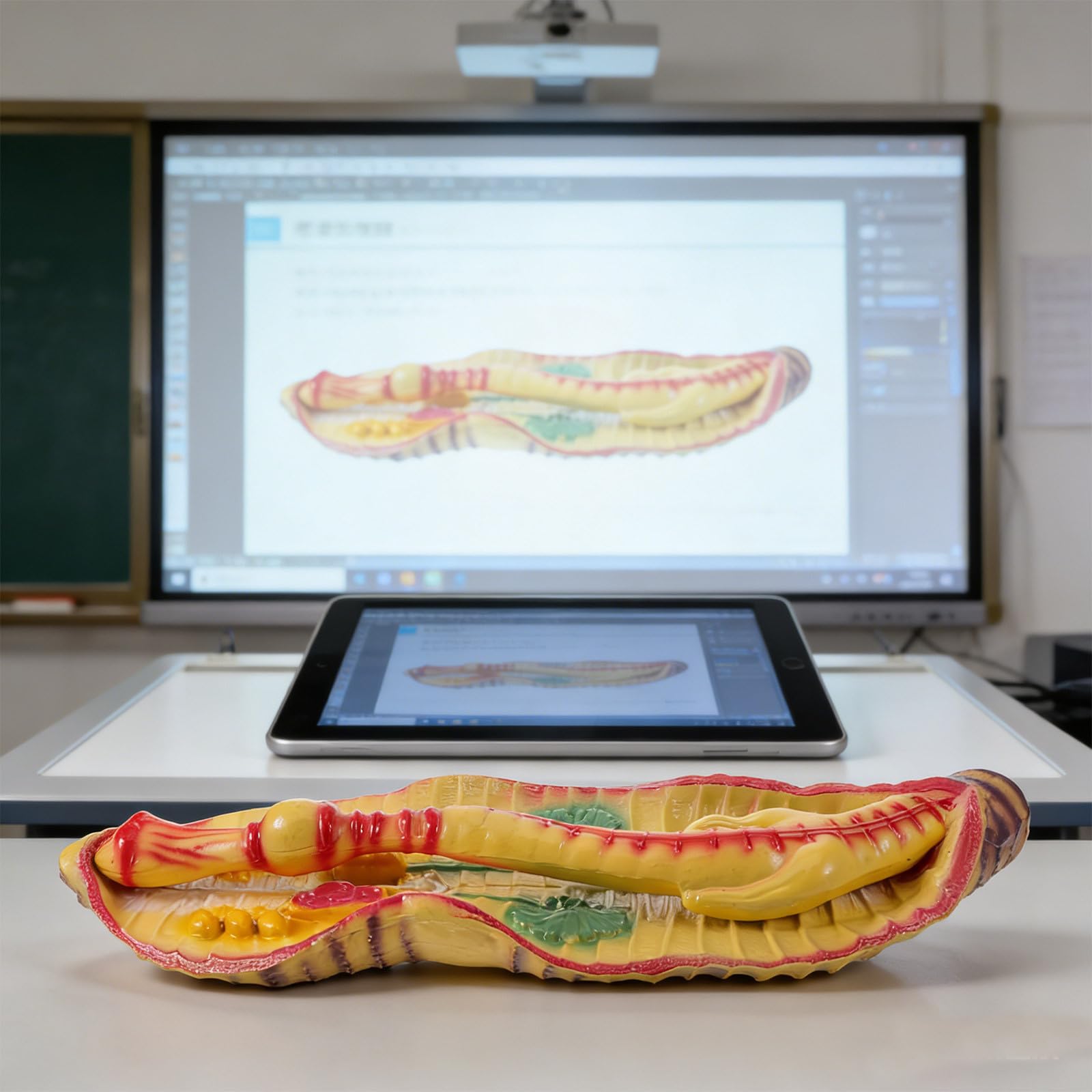 Modello di esemplare biologico: modello anatomico di lombrico, strumento didattico ingrandito per il laboratorio di biologia, accessorio per l'insegnamento in classe.