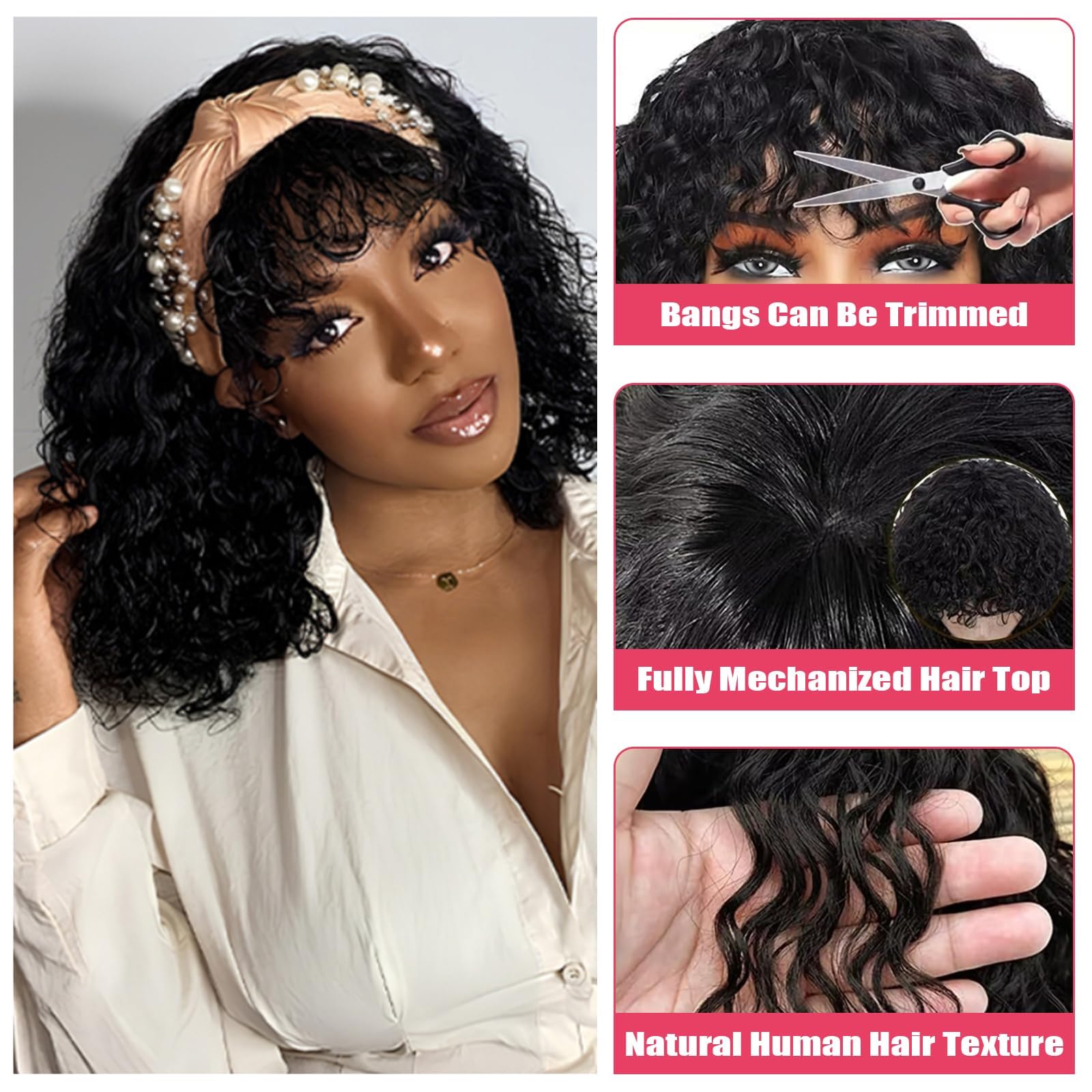 Short Bob Curly Human Hair Wigs with Bangs 14 Inch 100% Brazilian Virgin Bob Wig Human Hair for Black Women Glueless Full Machine Made None Lace Front Wig 180% Density Natural Black - Image 2