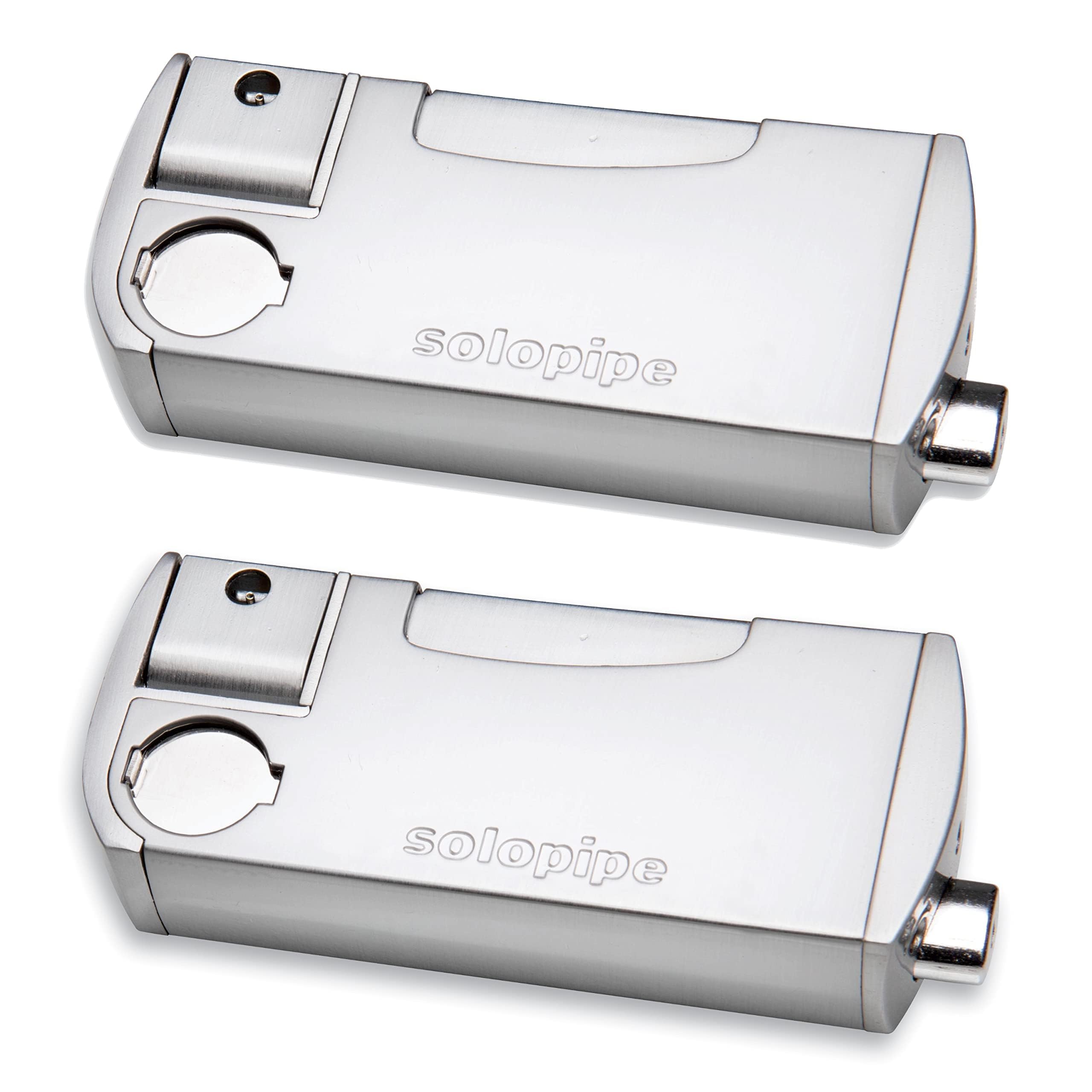 Self Lighting Smoking Pipe with Glass Bowl & Refillable Lighter - One Handed Ignition & Adjustable Flame - Built In Glass Bowl Insert for Clean Flavor, Portable & Discreet, Classic Chrome 2PK