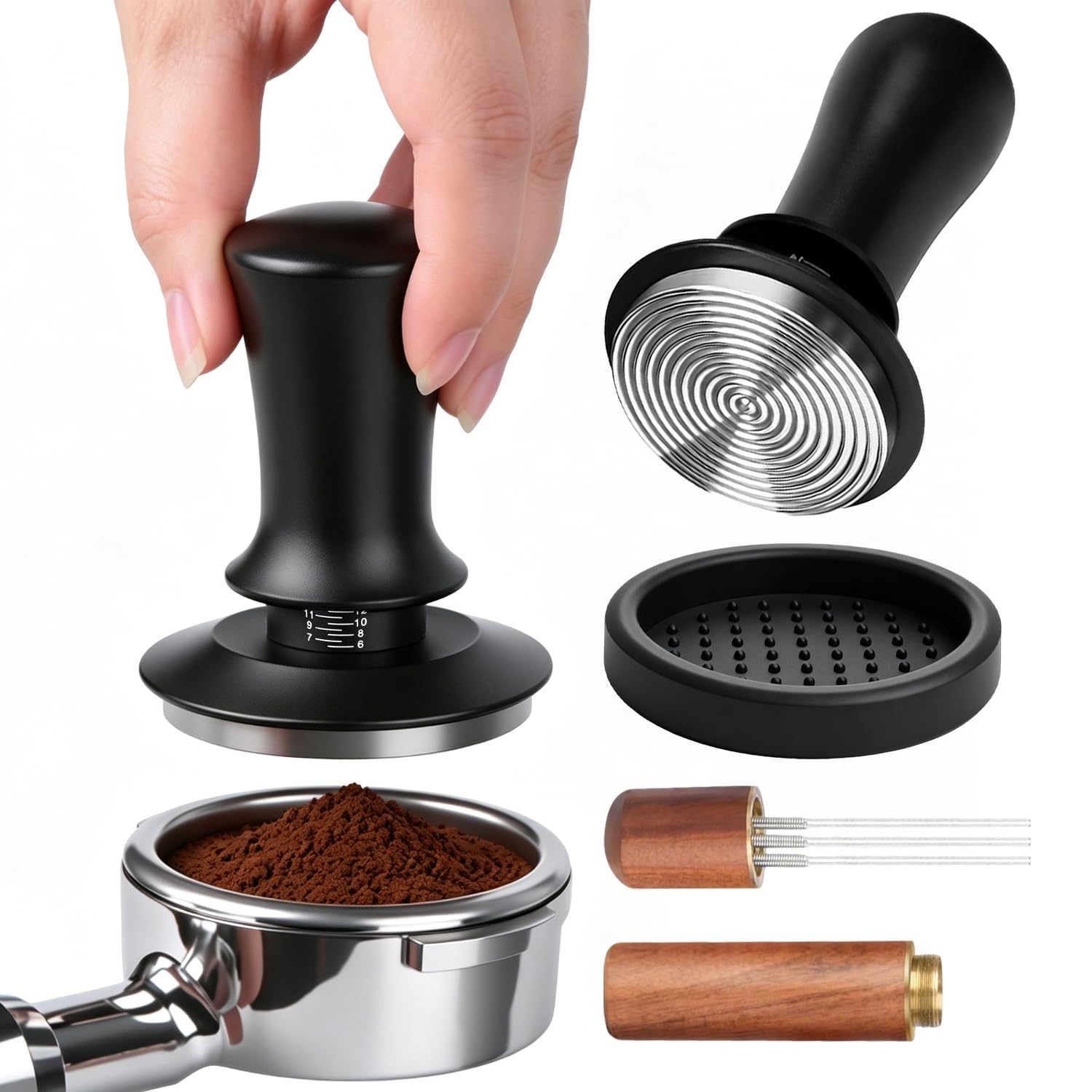 Pressino per Caffe da 58 mm Tamper Caffe Kit con Mini Ago WDT Tool e Pressa Caffè Tappetino Tamper 58mm Base Filettata e Molla Regolabile Pressino per Caffè Espresso Accessorio per Barista Caffetterie