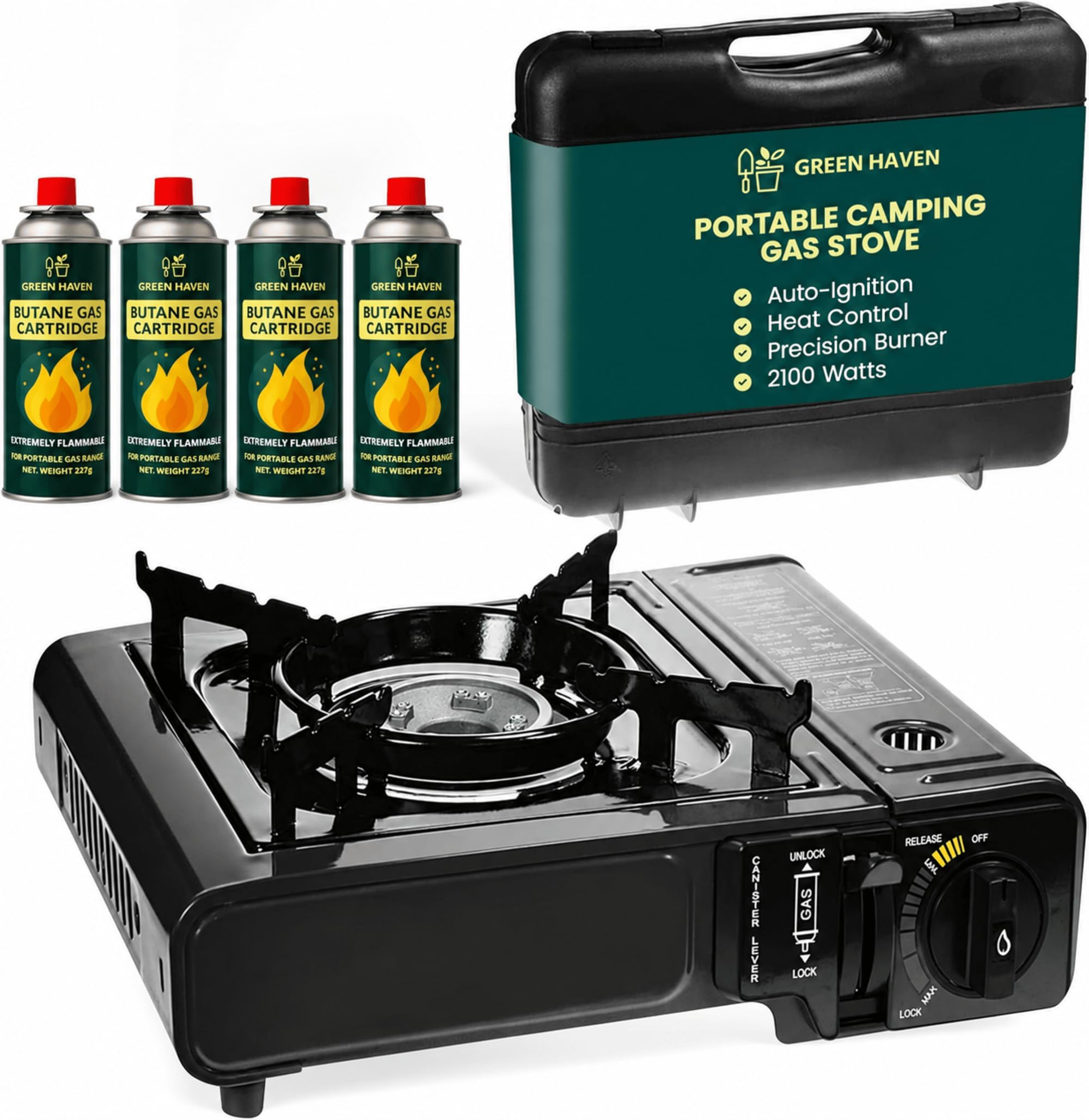 Green Haven Portable Camping Stove | 4 Butane Gas, Carry Case