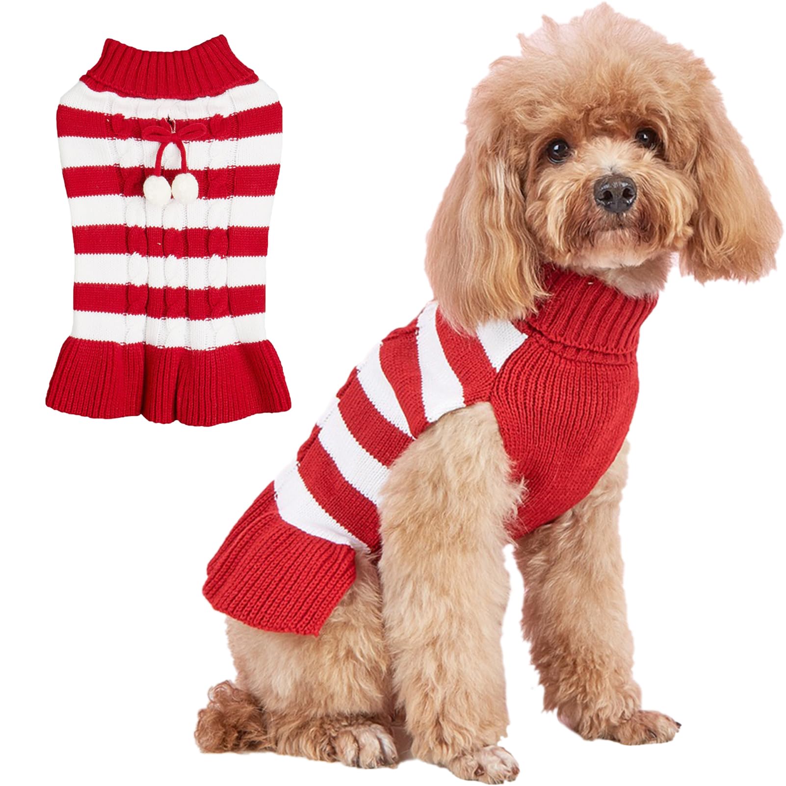 Jecikelon Striped Dog Sweater Dress Knit Turtleneck Puppy Clothes Winter Warm Pet Knitwear Dresses for Small Dogs Cats Pullover Outfits with Pom Pom Ball (Medium, Red)
