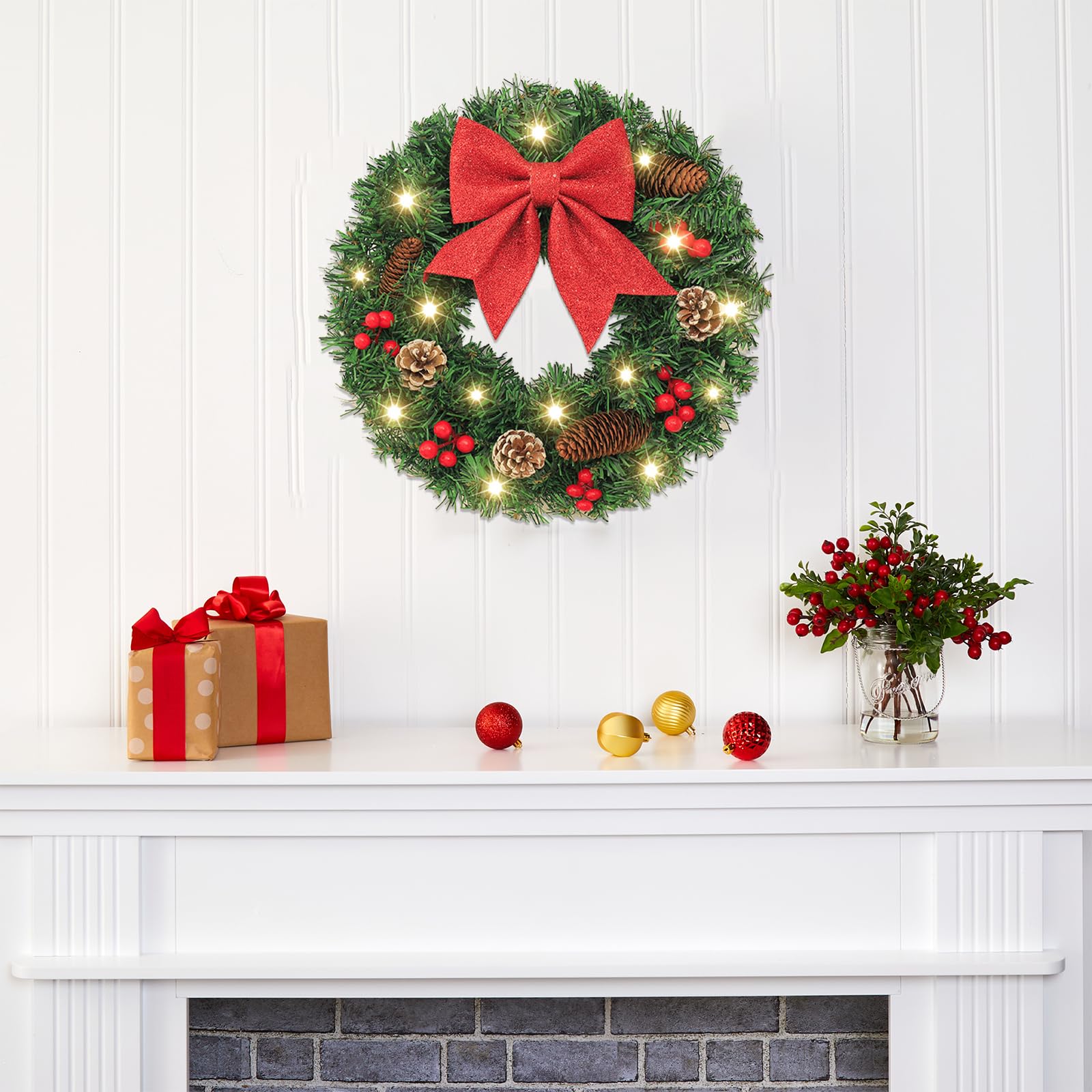 MOTUZP Couronne de Noël Artificielle de 20 Pouces pour Porte D'entrée, Couronne de Noël Artificielle avec Lumières LED, Décorations de Noël pour l'hiver, la Maison, L'intérieur (avec