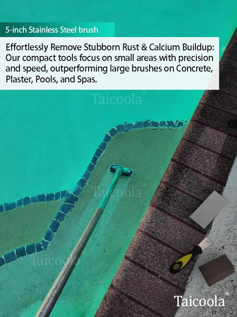 Pool Pumice Stone, 5-inch Wire Pool Brush, Sanding Sponge and Scraper Set with EZ-Clip Handle to Reomve Erase Rust Stain Spot in Concrete Plaster Pool Spa and Calcium Deposit on Pool Tile