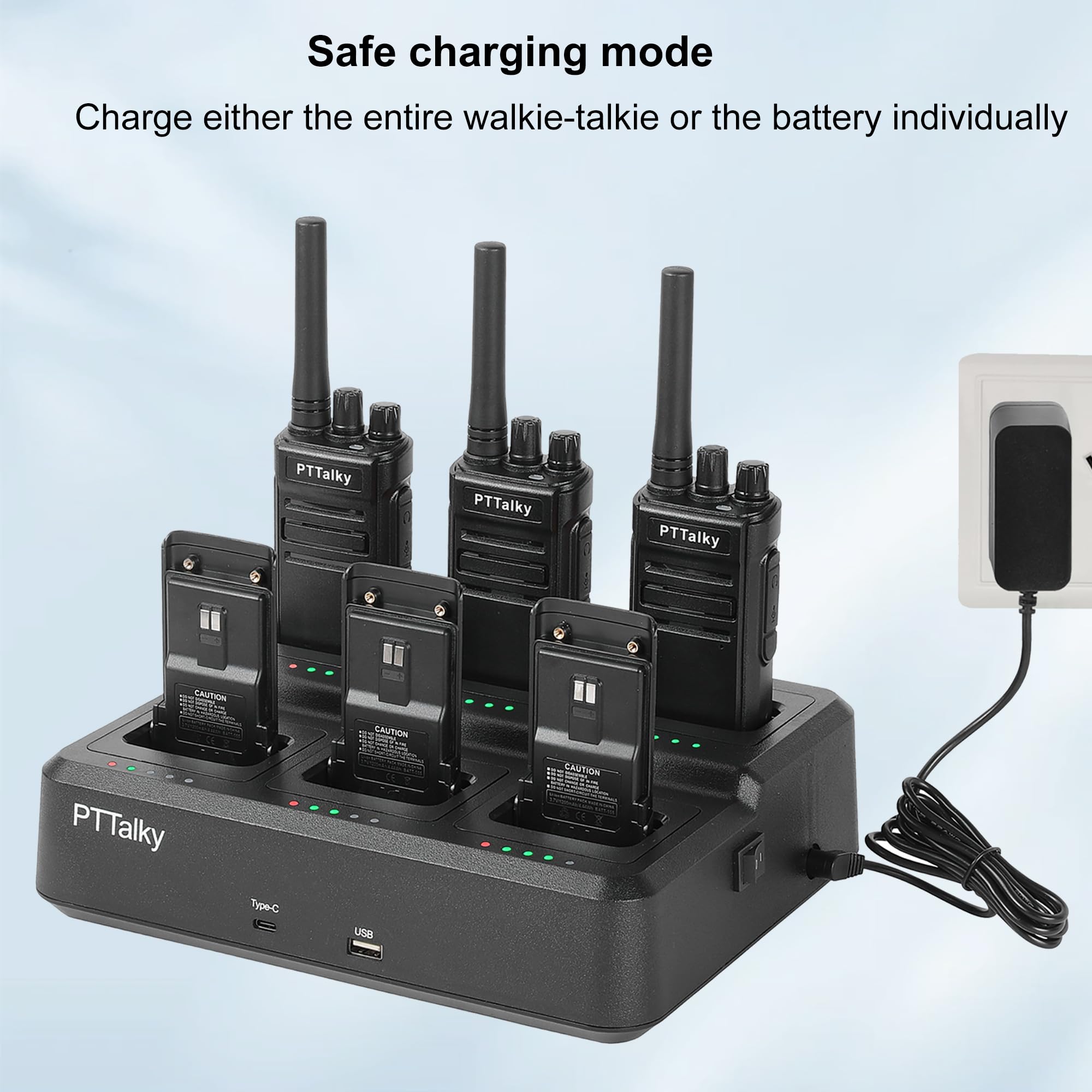 PTTalky Walkie Talkies with 6-Way Charger, Long Range Walkie Talkies, USB-C Charging, VOX, with Earpieces, FR1 2 Way Radios for Business School Warehouse - 3