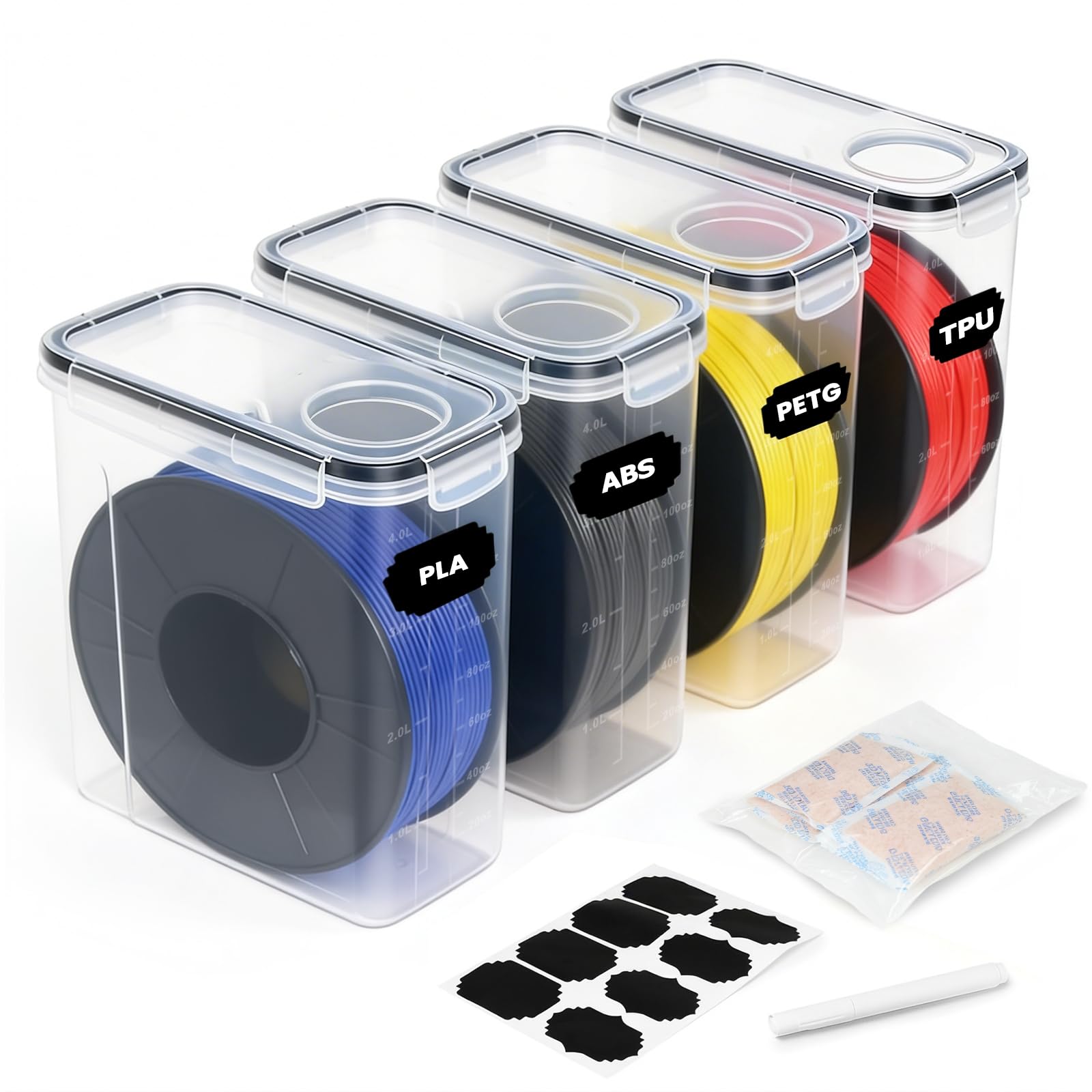 Inreeme Filament Aufbewahrungsbox, 4,0L Filament Box für 3D-Druck-Filament Versiegelung und Schutz, Wasser- und Staubdichte Filamentaufbewahrung mit Trockenmittel & Etiketten