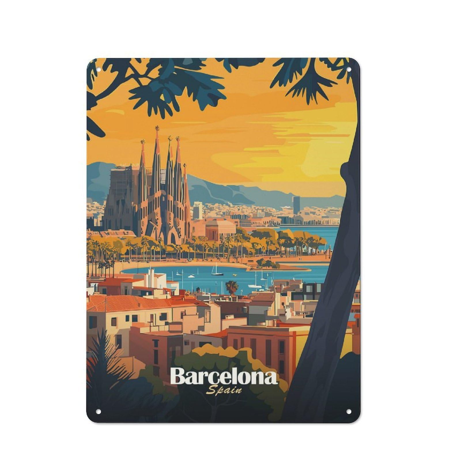 Metal Wall Plaque with Barcelona Cityscape Design 40x30cm, Retro Room Wall Plaque for Home, Shop, Pub Or Studio Wall