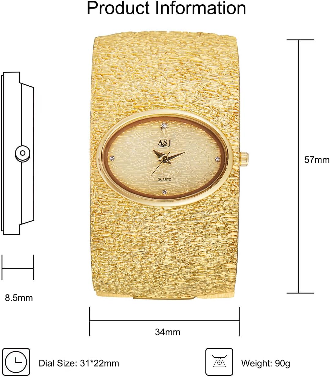 Women's Gold Bangle Analog Watch, Oval Dial with Zircon Accents, Bark Grain Texture, Spring Clasp Cuff
