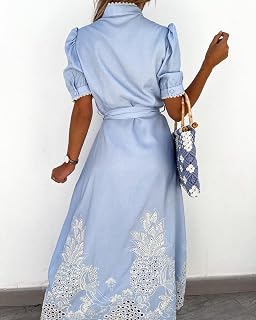 Ru Sweet Women's Embroidered Eyelet Belted Puff Sleeve Boho Cotton Maxi Shirt Dress
