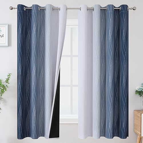 Estelar Textiler Full Room Darkening Greyish White and Navy Blue Blackout Curtains 63 Inch Length 2 Panels Set,Ombre Thermal Insulated Full Light Blocking Grommet Blackout Drapes for Boys Room,52Wx63L