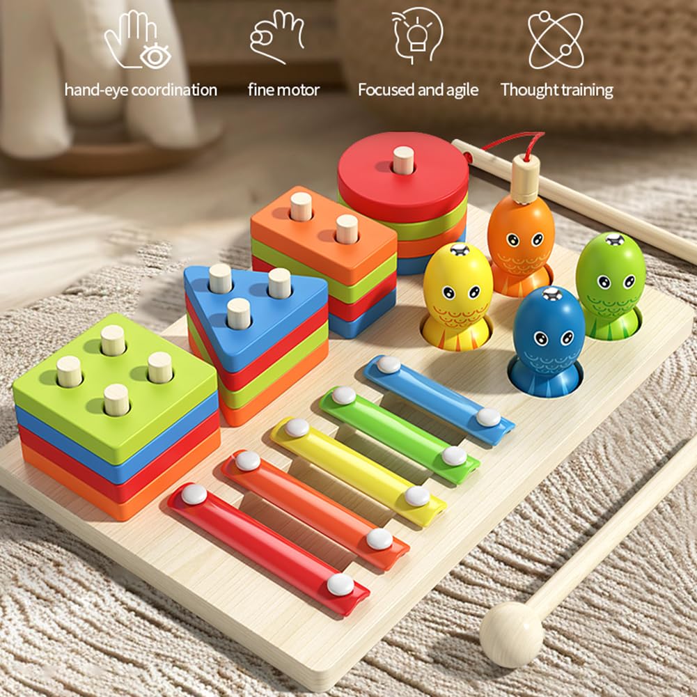 Montessori Zabawka, 3 W 1 Drewniane Kolor Kształtów Sortowanie Układanie Zabawek Magnetyczna Gra Wędkarska Ksylofon Zabawka Muzyczna Z Młotem, Edukacyjna Zabawka Zestaw Dla Dzieci Od 2 3 4 5 Lat