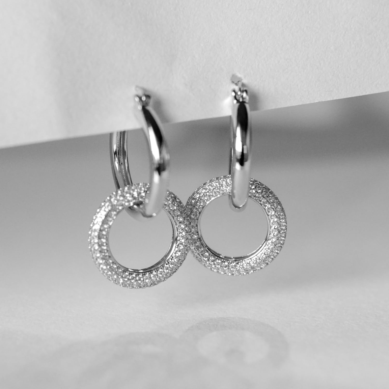Double Hoop Chunky Drop Earrings | Removable Pave Crystal Interlocking Loop Earrings | Open Circle Round Hoop Statement Earrings | CZ Drop Dangle Earrings